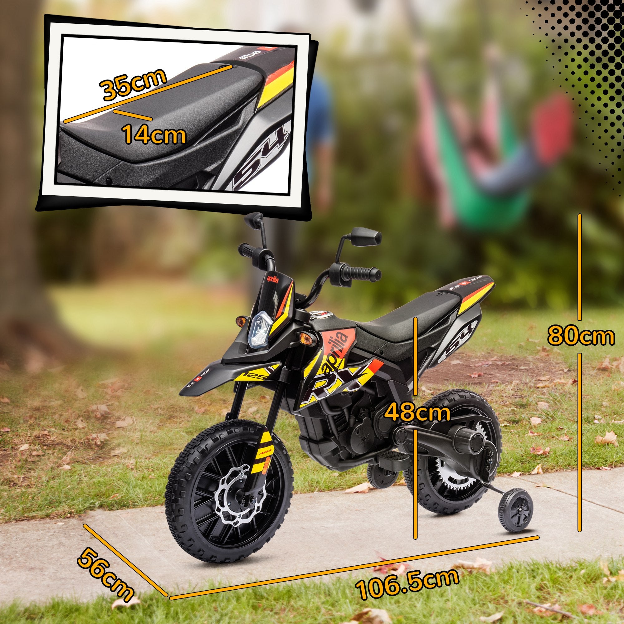 12V Aprilia Licenced Kids Motorbike with Training Wheels, Spring Suspension, LED Light, USB, Music, Yellow