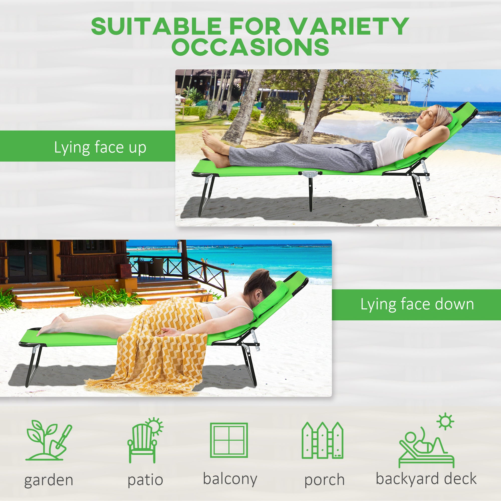 Outdoor Foldable Sun Lounger Set of 2, 4 Level Adjustable Backrest Reclining Sun Lounger Chair with Pillow and Reading Hole, Green