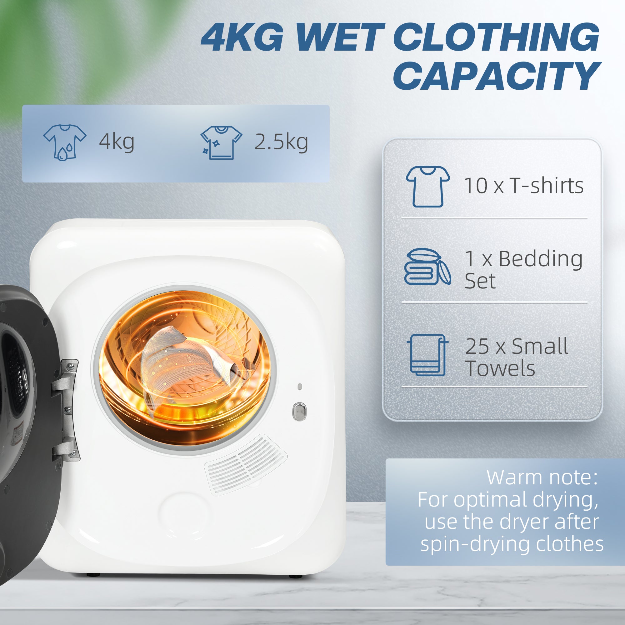 4kg Vented Tumble Dryer with Deodorize, Smart Mode, 800W Compact Tumble Dryer with Stainless Steel Tub, Front Load, for Flat, Home, RVs, White