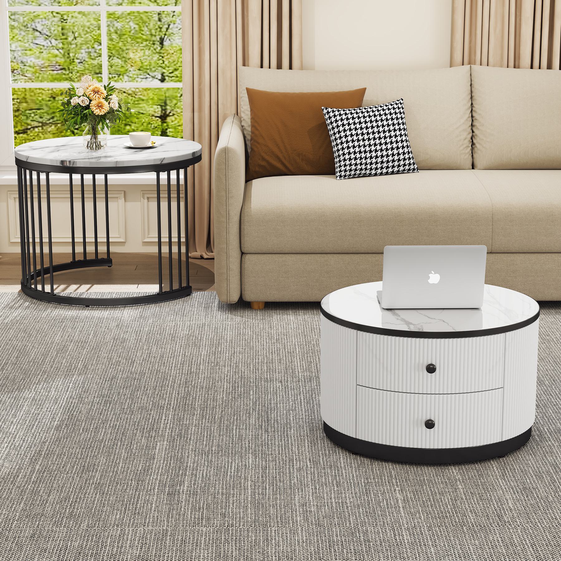 High Gloss Round Nesting Coffee Table Set with Marble Pattern Top and Storage Drawers, Modern Centre Table for Living Room, White+Black