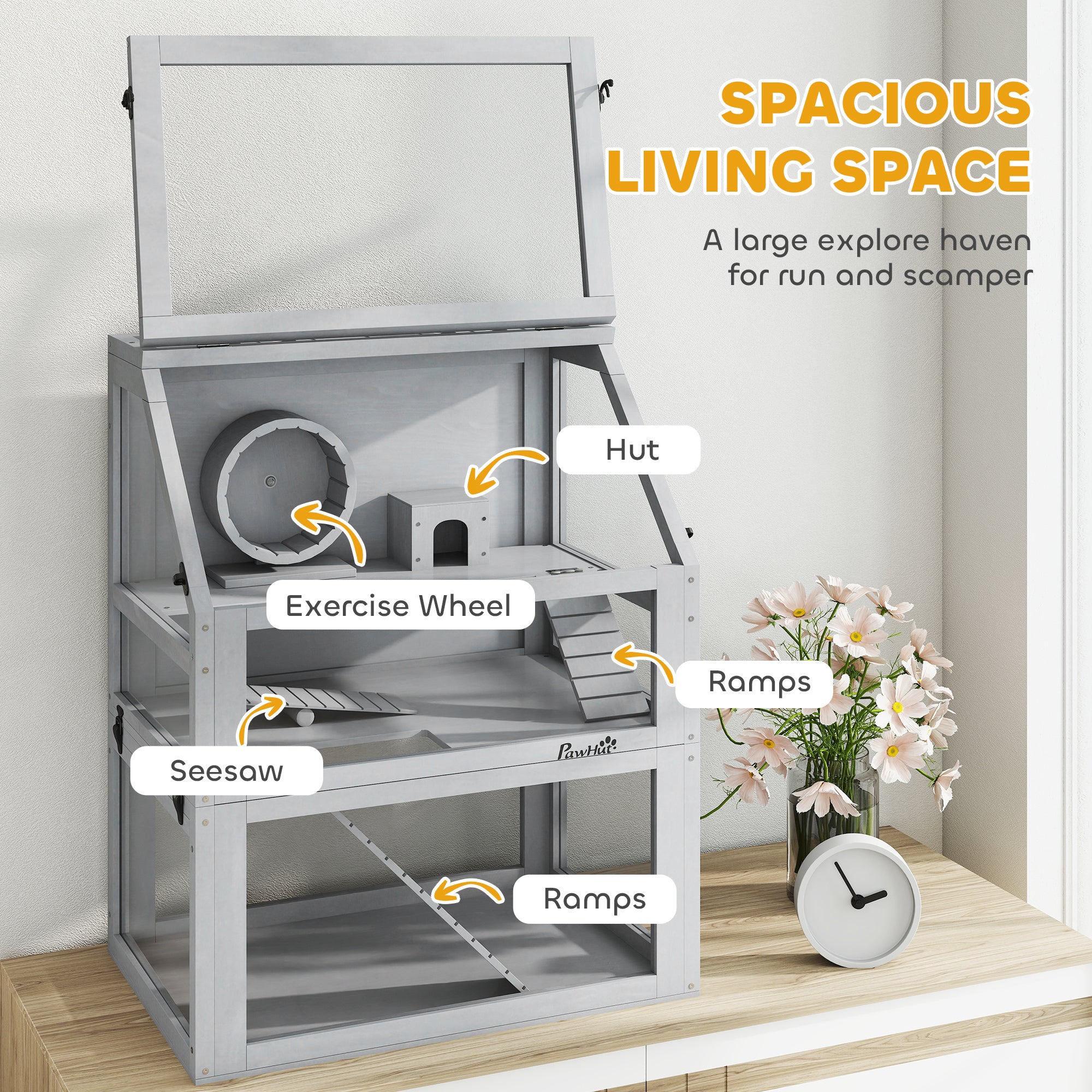 Wooden Hamster Cage with Detachable 32cm Deep Bottom, Hut, Seesaw, Exercise Wheel, Ramp, 60 x 40 x 75cm, Light Grey