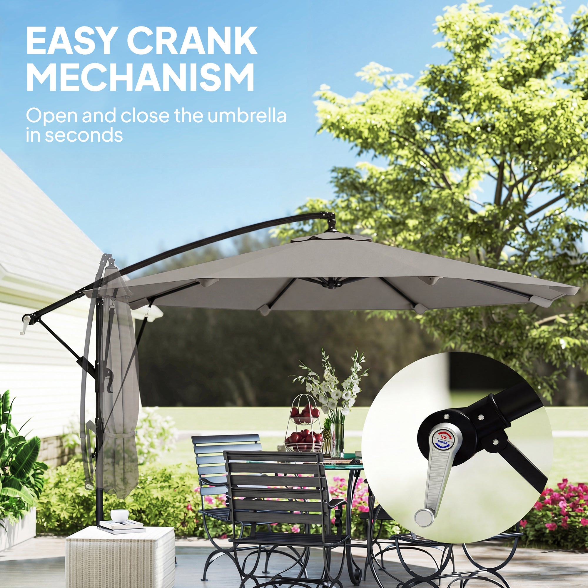 3 m Cantilever Parasol with Protective Cover and Wind Ropes, Banana Parasol with Crank Handle, Light Grey