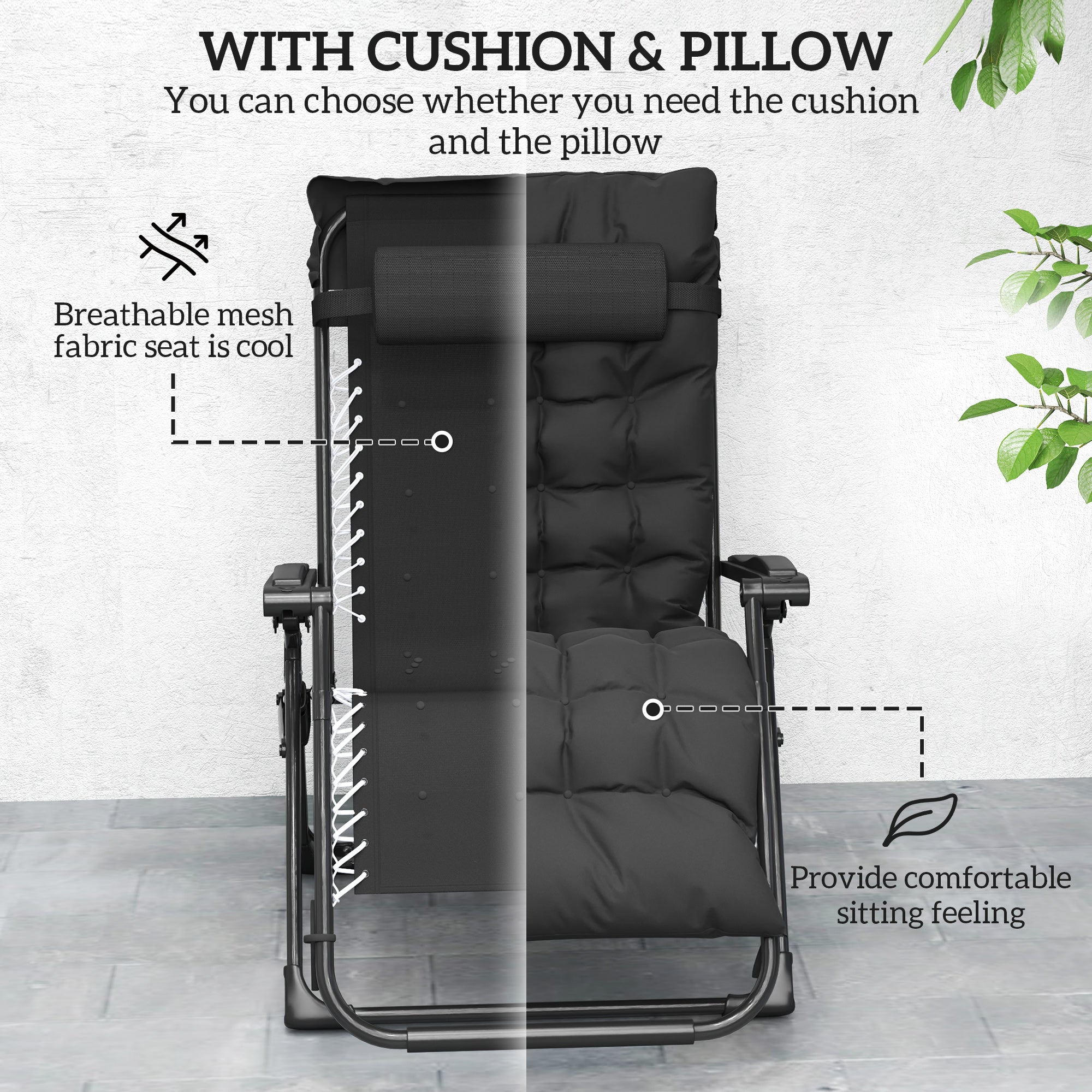 2 Piece Reclining Zero Gravity Sun Loungers with Cushions, Black