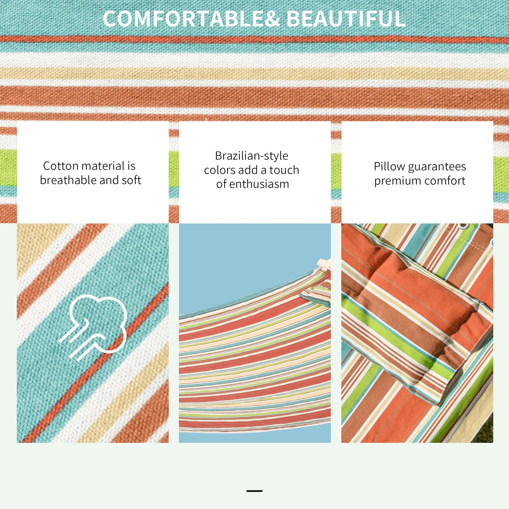 Outdoor Garden Hammock with Stand, Double Cotton Hammock with Adjustable Steel Frame, Swing Hanging Bed with Pillow, for Garden, Patio, Beach, Red Stripes