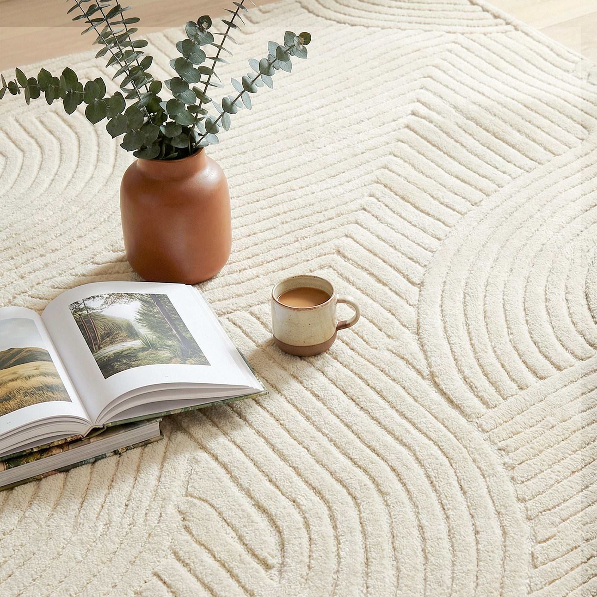 Modern Geometric Rug, Thick Plush, Non-Slip, 200 x 140 cm – Cream, Living Room/Bedroom/Office