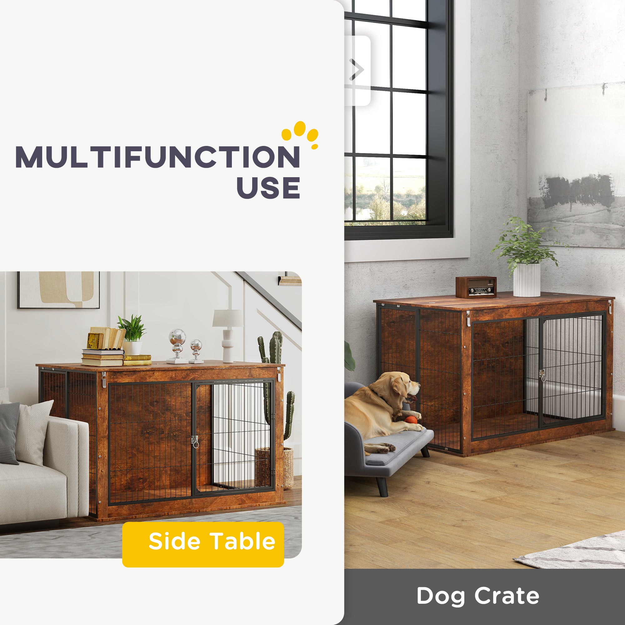 Dog Crate Furniture with Flip-up Top, 2 Doors, for Extra Large Dogs, 118 x 75 x 77cm, Rustic Brown