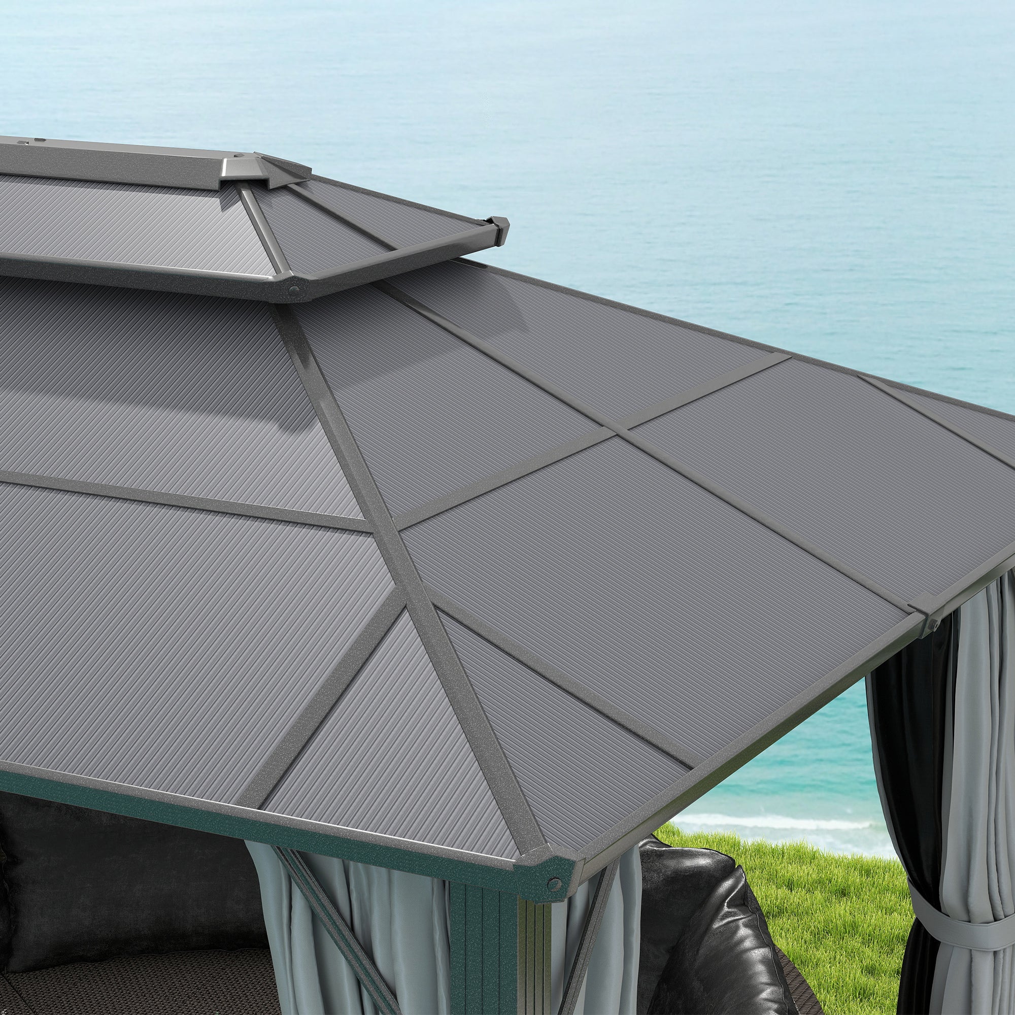 3x4m Hardtop Garden Gazebo with UPF30+ Double Polycarbonate Roof, Aluminium Frame, Mosquito Net & Curtains - Grey