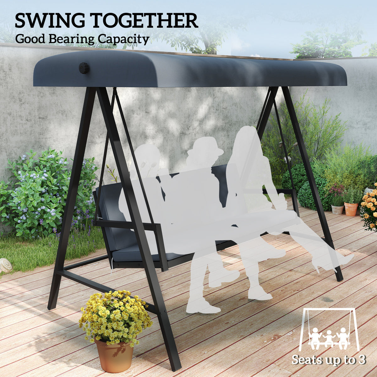 3 Seater Garden Swing Chair with Adjustable Canopy - Dark Grey
