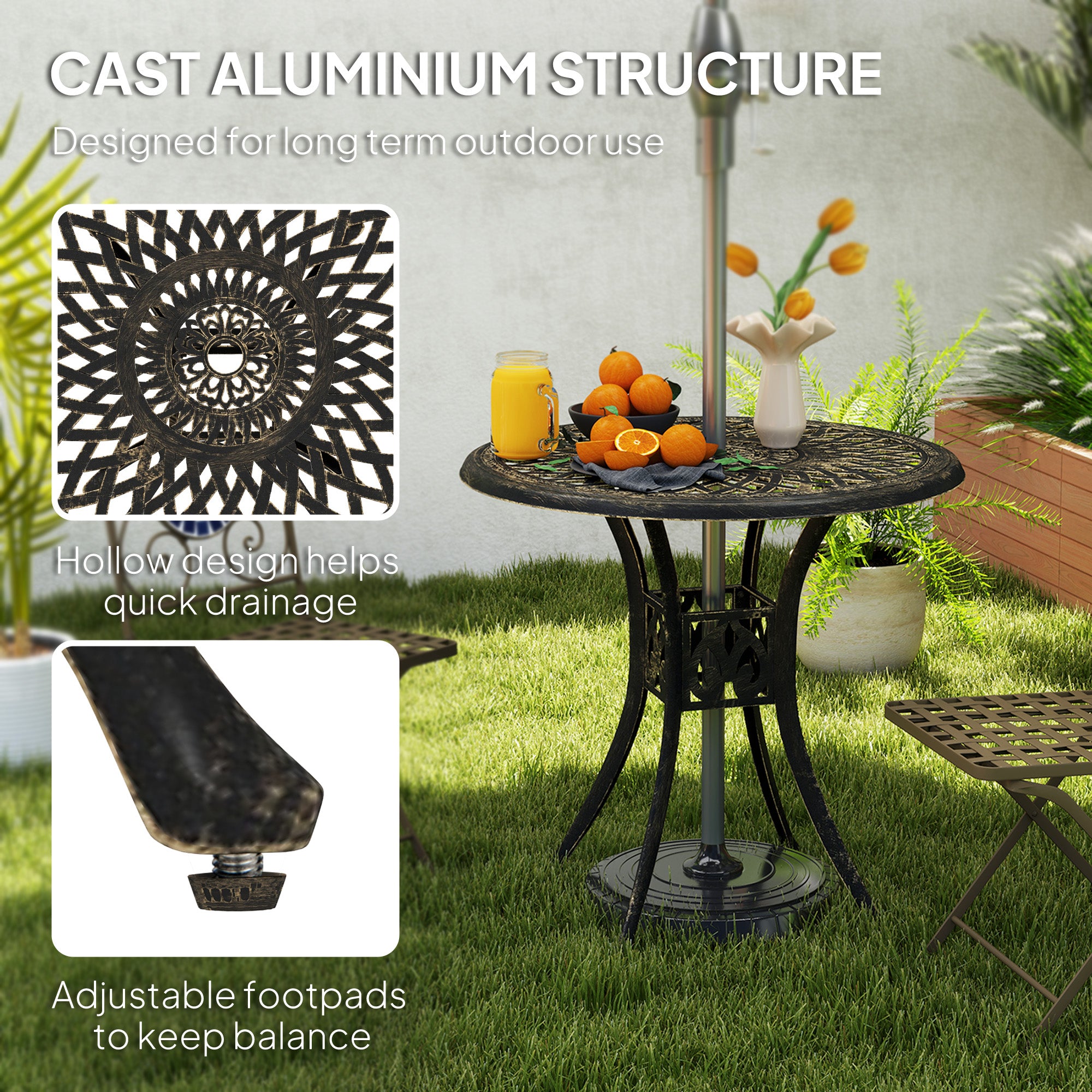 78 cm Round Garden Dining Table with Parasol Hole Bronze Cast Aluminium