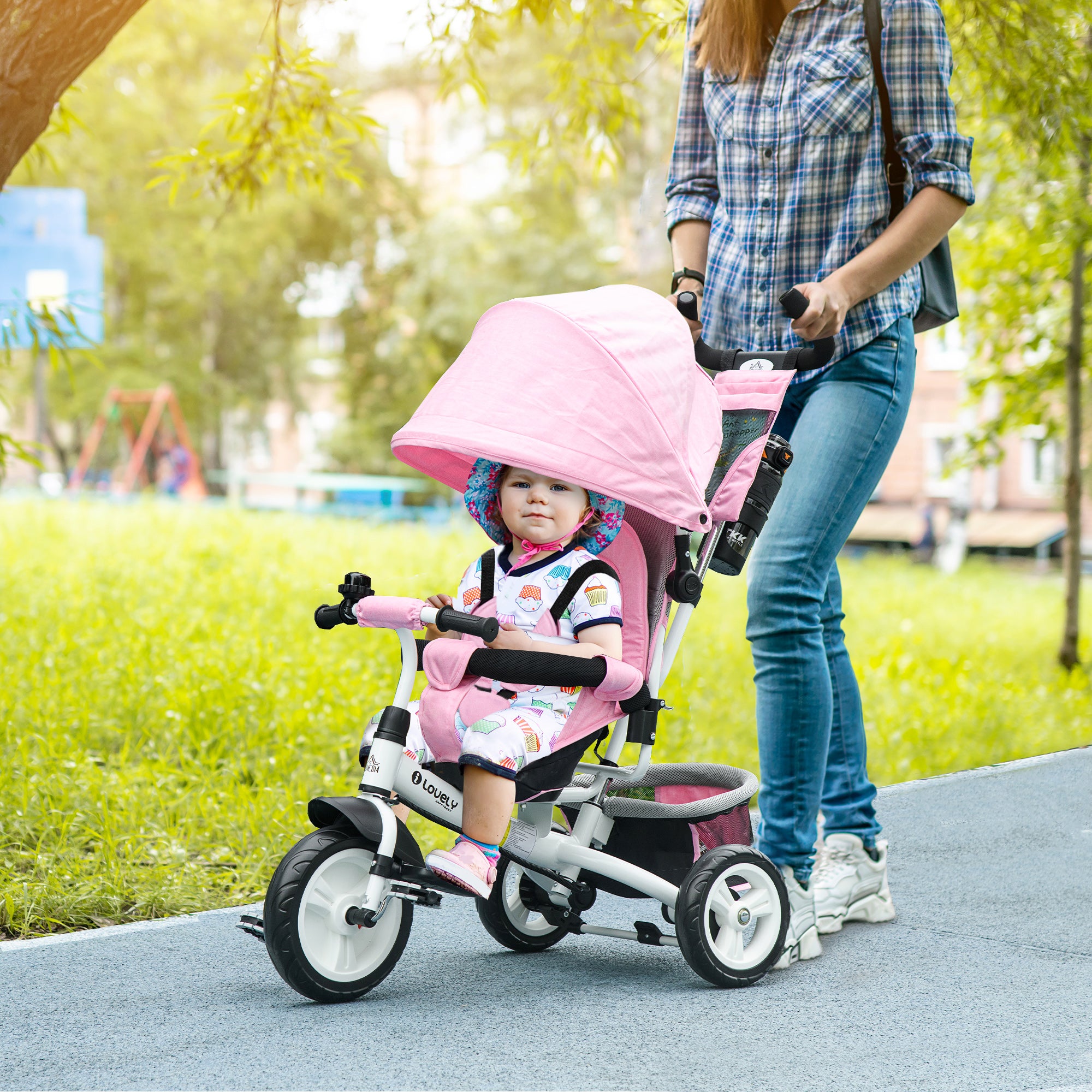 6 in 1 Kids Trike Push Bike w/ Push Handle, Canopy, 5-point Safety Belt, Storage, Footrest, Brake, for 1-5 Years, Pink