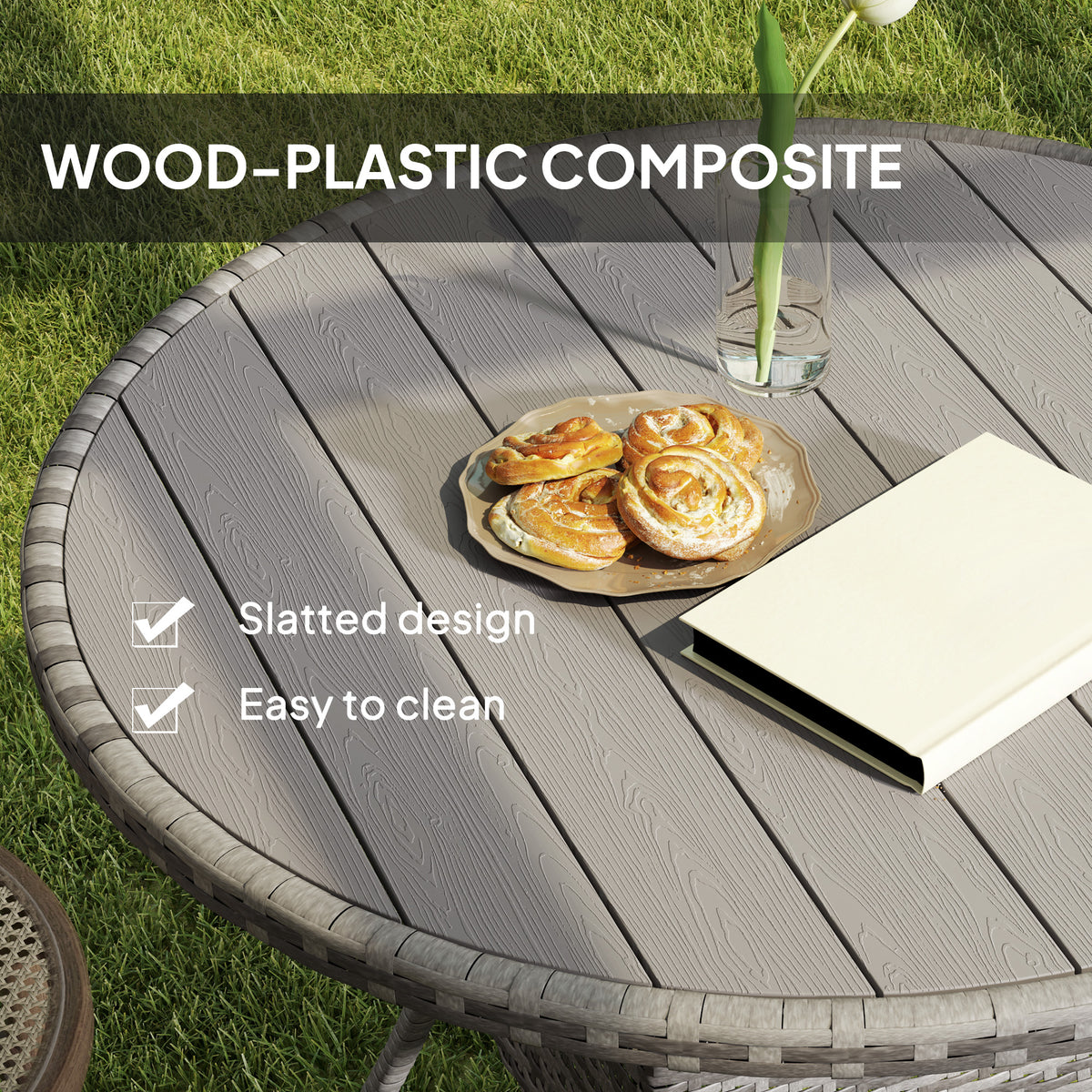 90cm Four-Person Wood-Effect Rattan Dining Table - Grey