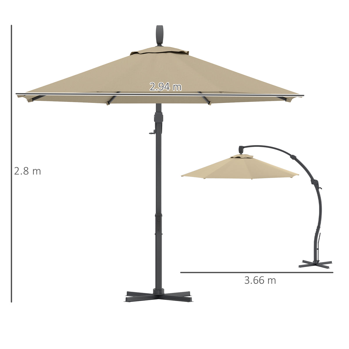 3 Metre Aluminium Cantilever Parasol with 360° Rotation - Khaki