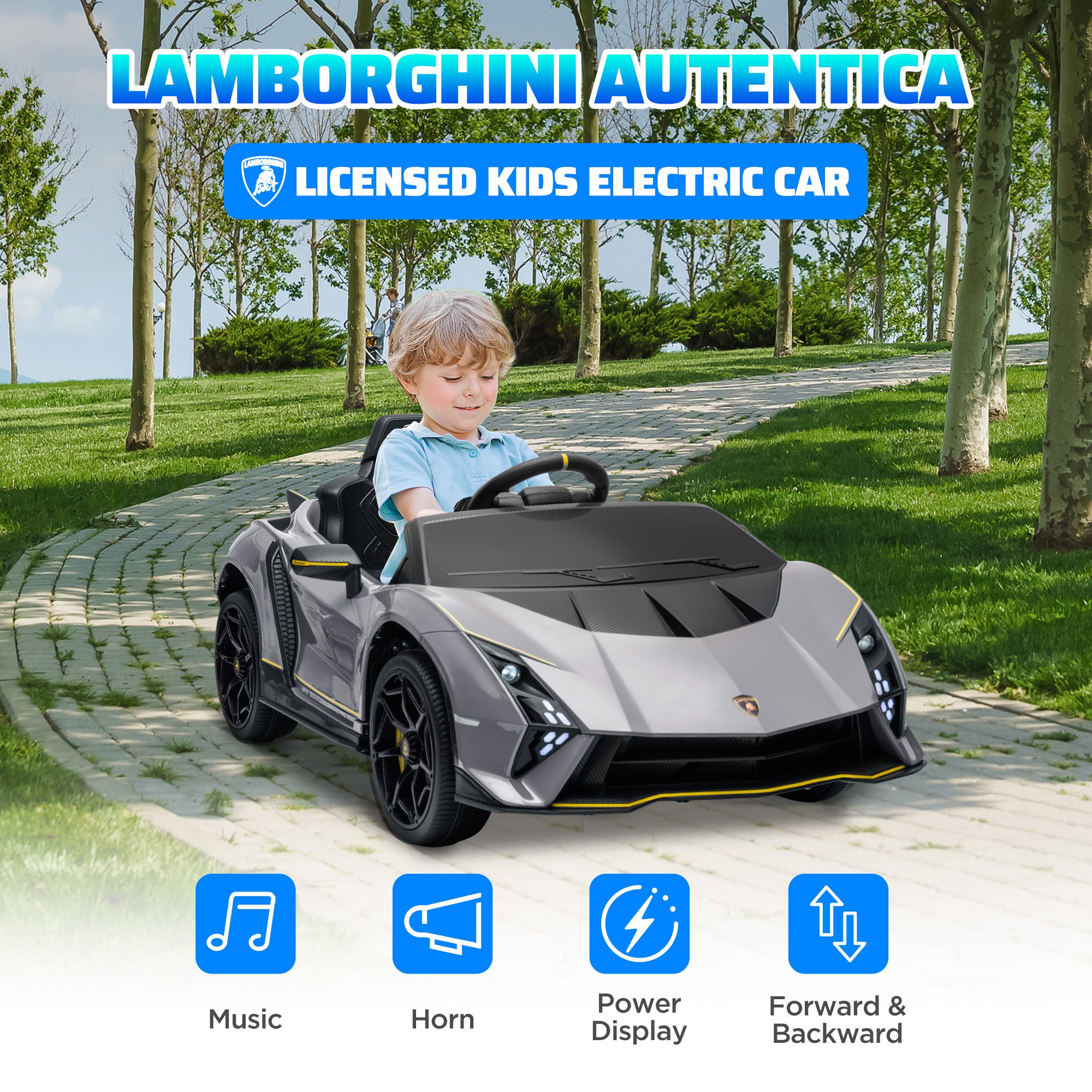 12V Lamborghini Autentica Licensed Kids Electric Car with Remote Control, Four Suspension Wheels, Soft Start, Grey