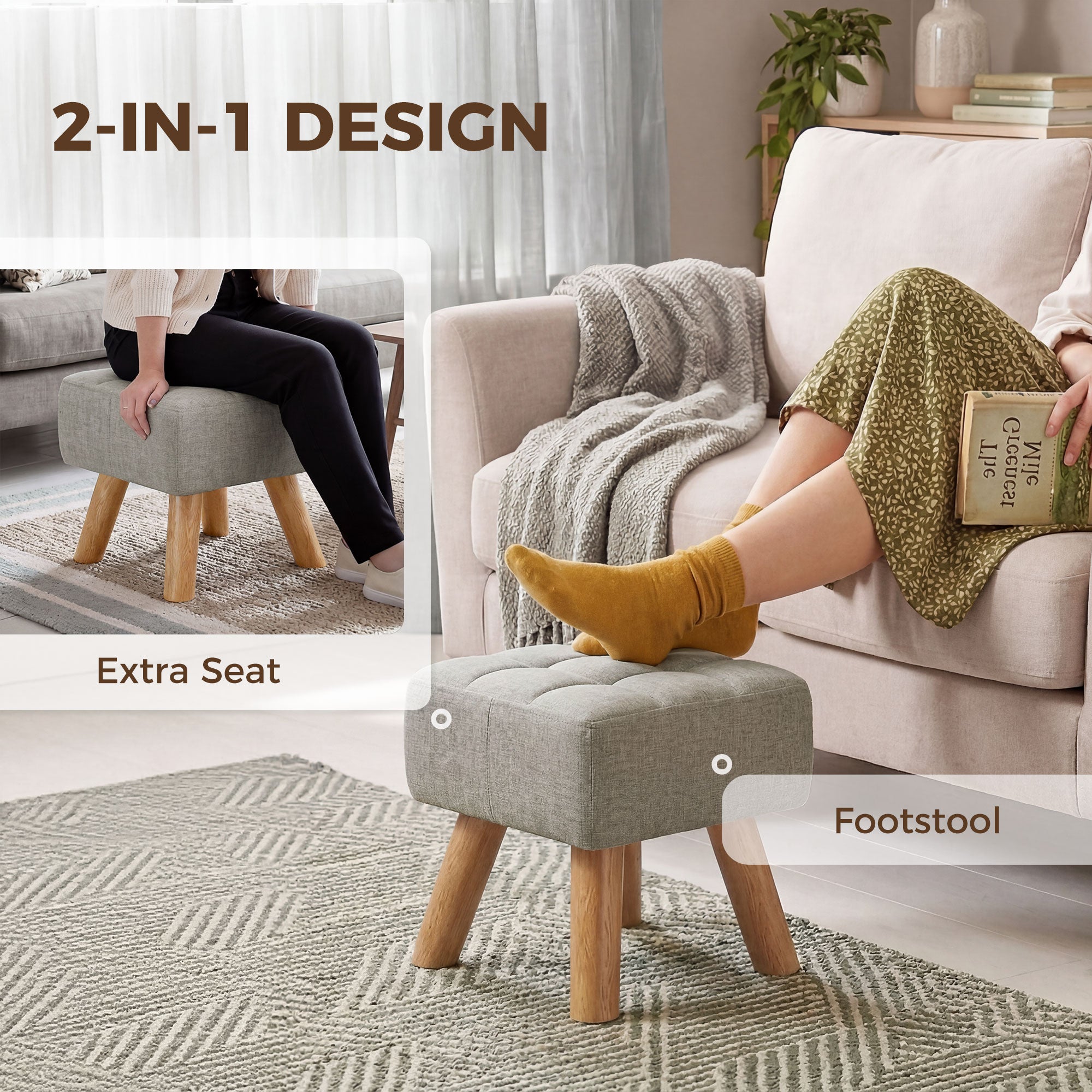Linen-Look Square Padded Footstool - Light Brown