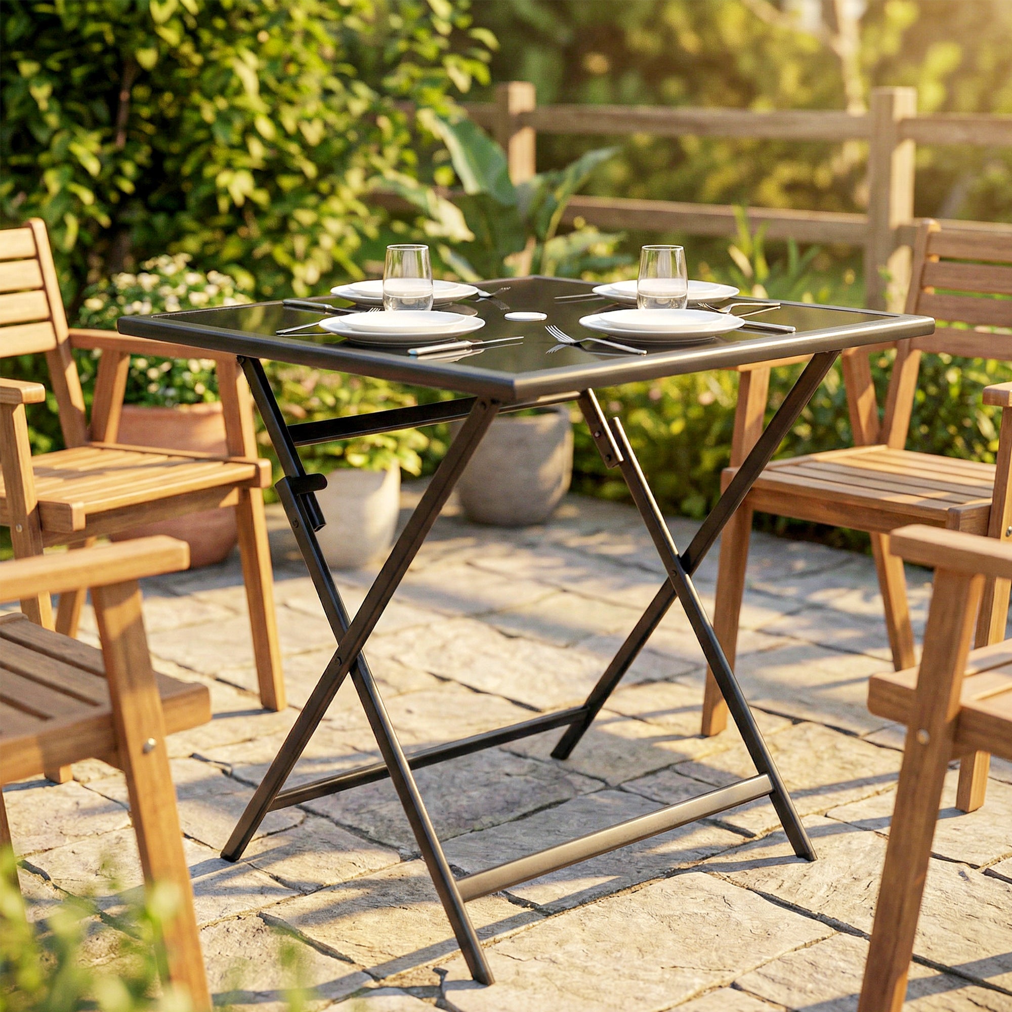 Folding Outdoor Dining Table, Square Garden Table Tempered Glass Top with Parasol Hole Garden Patio, 70 x 70 x 70 cm