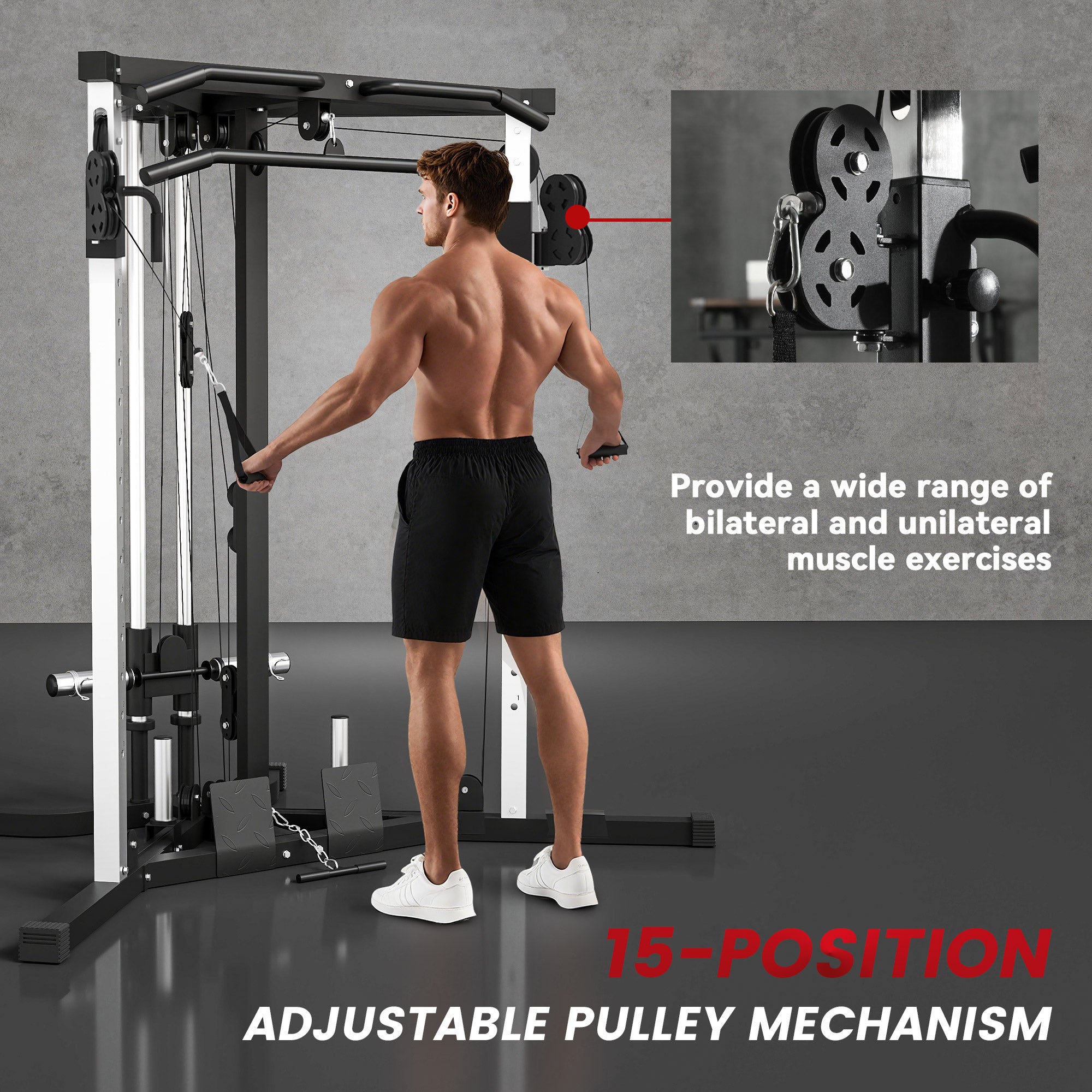 Home Gym Machine, Multifunctional Gym Equipment with High and Low Pulleys, Pull Up Bar, 15-Position Adjustable Strength Training Workout Station for Full Body Fitness