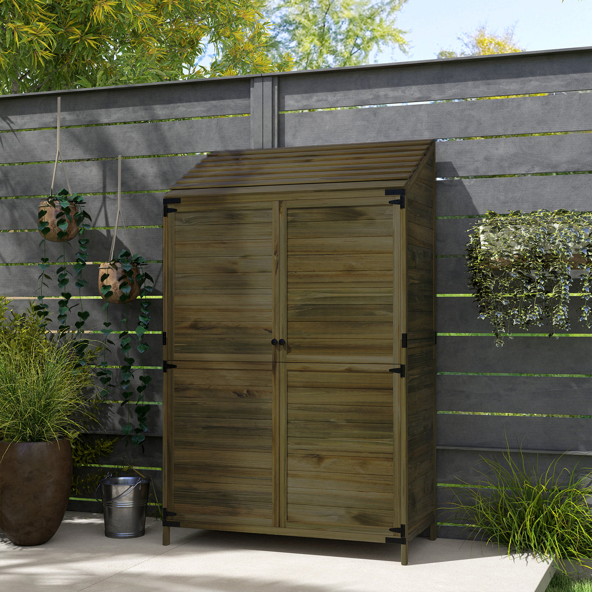 Two-Tier Wooden Garden Storage Shed with Shelves - Green