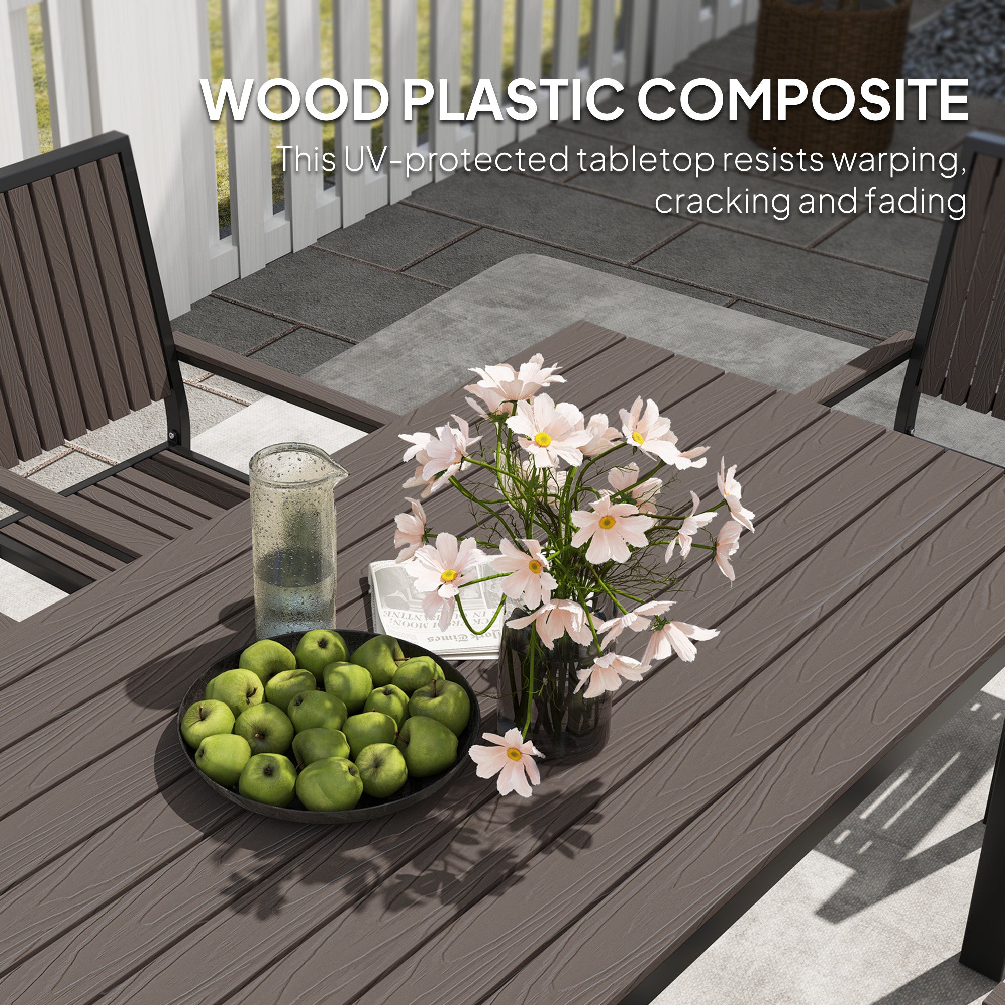 6 Seater Garden Dining Set with Stackable Chairs and Rectangular Aluminium Frame Table - Brown
