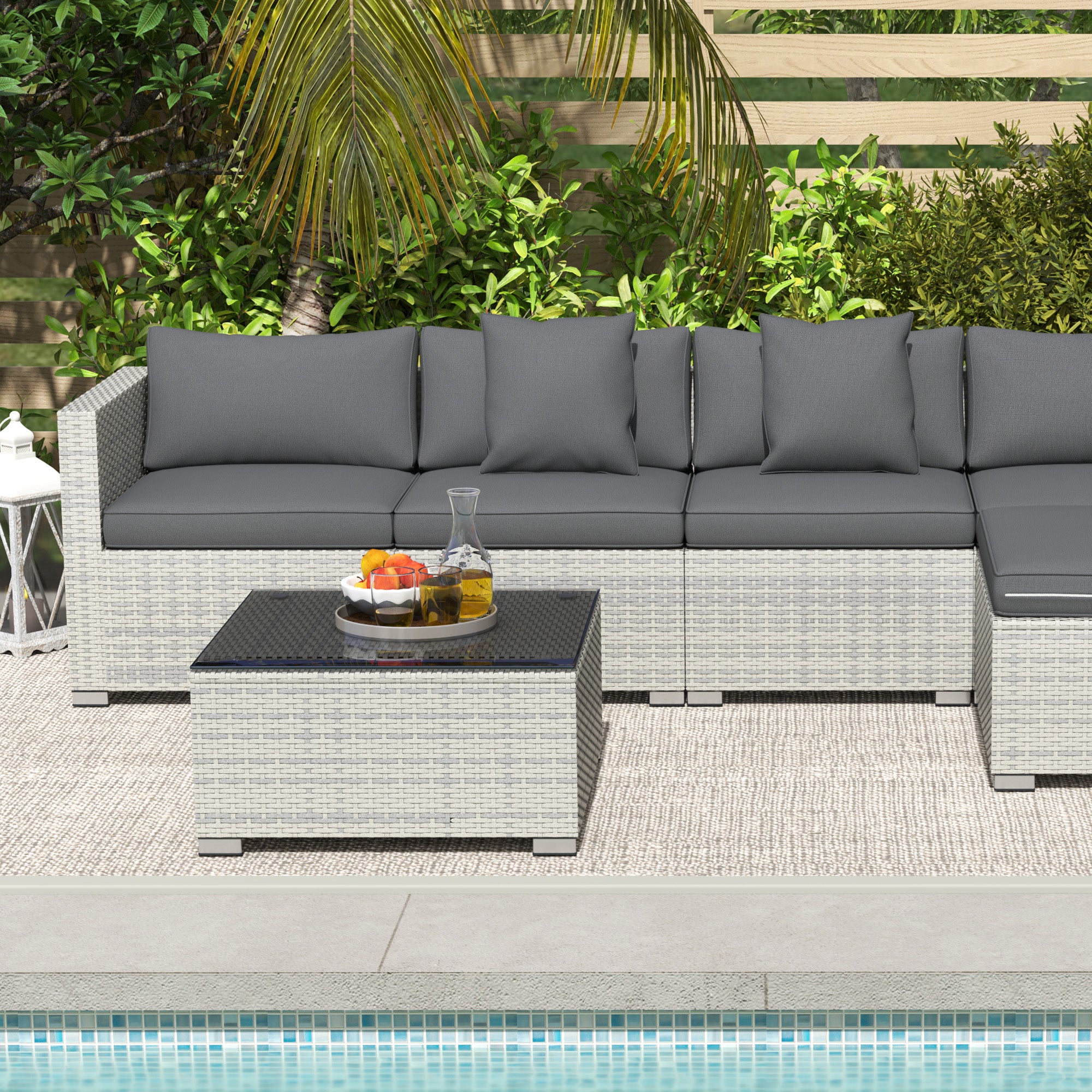 6 Piece Rattan Corner Sofa Set with Cushions and Glass Table - Mixed Grey