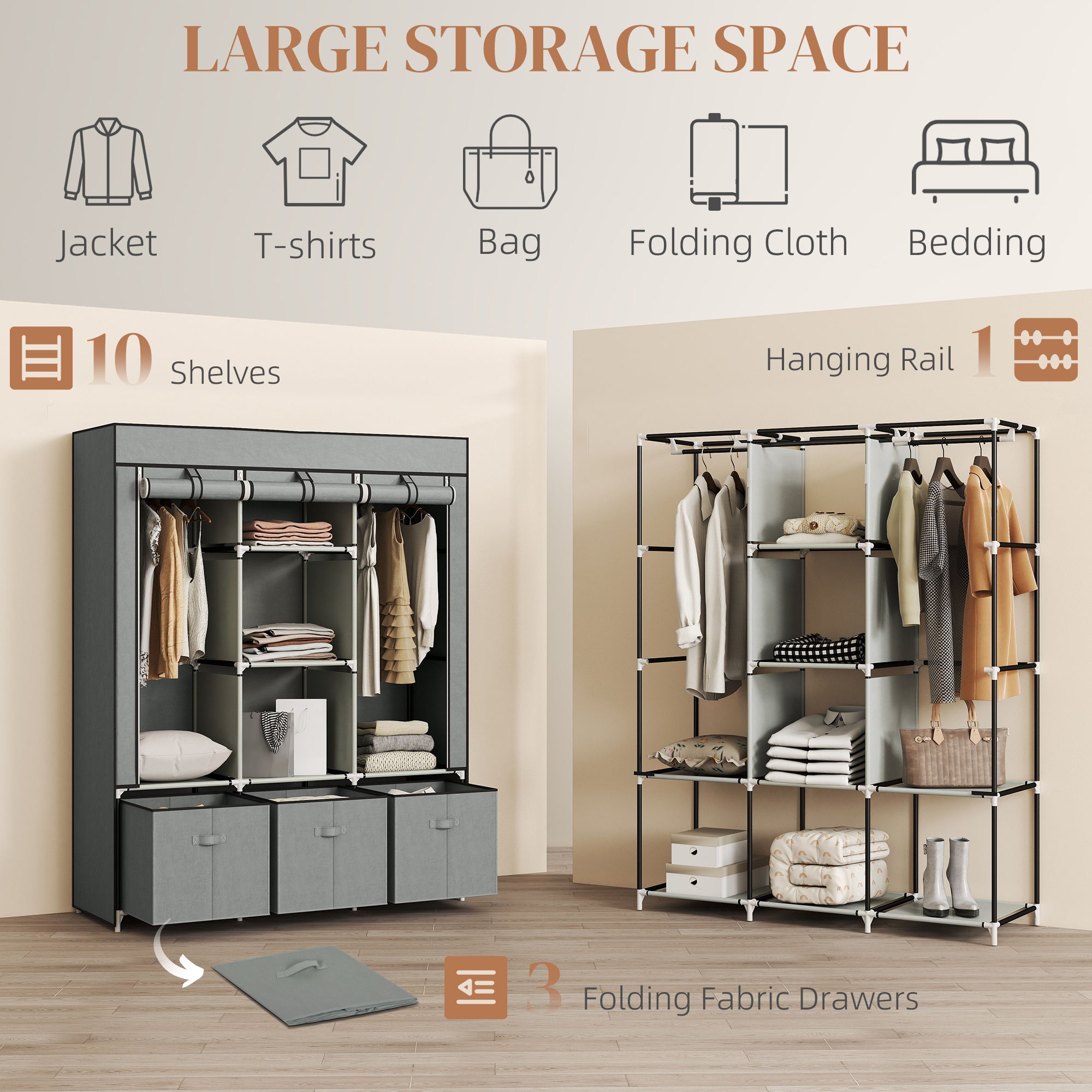 Foldable Fabric Wardrobe for Bedroom, Portable Wardrobe with 5 Shelves, 2 Hanging Rails and 3 Fabric Drawers, Light Grey