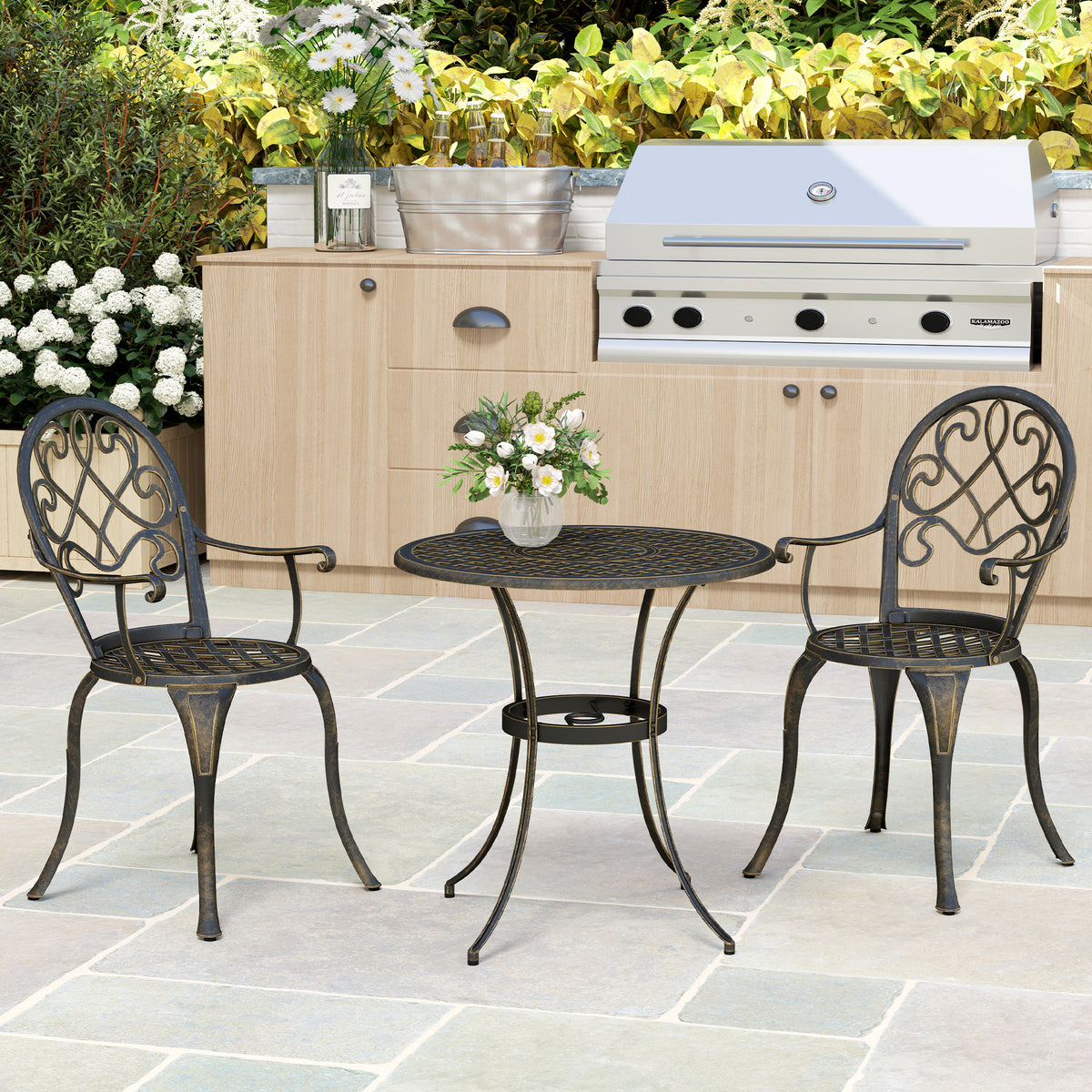 3 Piece Aluminium Garden Bistro Set with Adjustable Feet - Bronze Tone