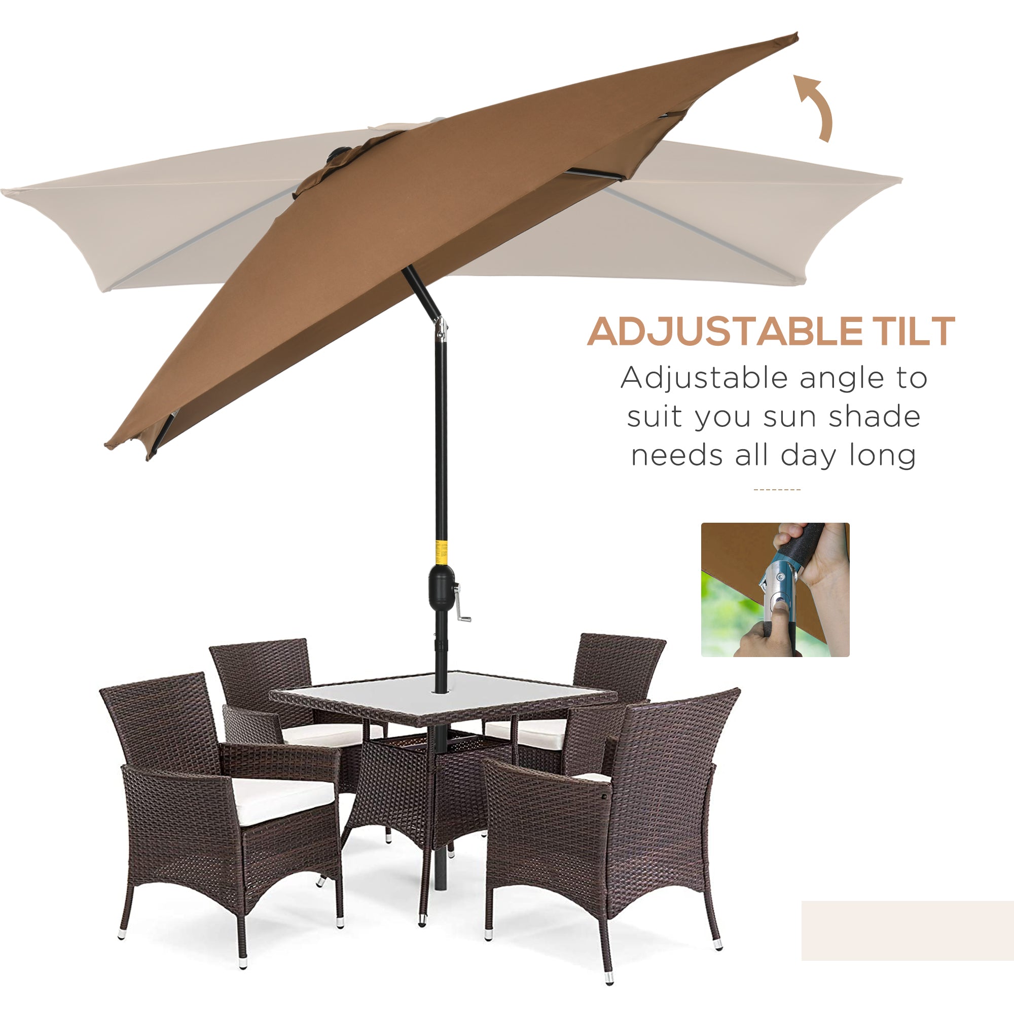 3x2m Garden Parasol Umbrella Outdoor Sun Shade Canopy with Tilt and Crank, Aluminium Frame Rectangular, Brown