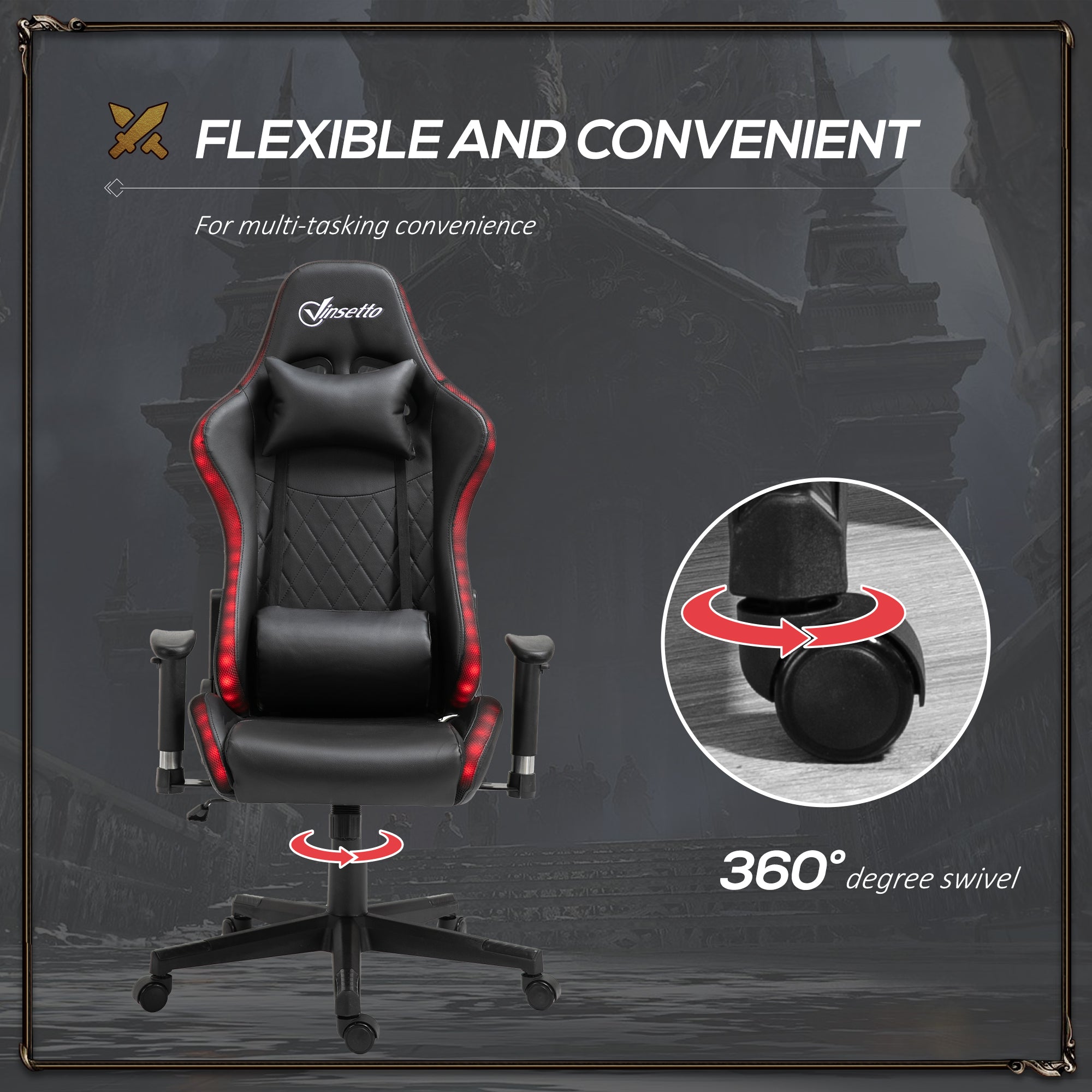 Gaming Chair with RGB LED Light, 2D Arm, Lumbar Support, Height Adjustable Swivel Office Computer Recliner, Racing Gamer Desk Chair for Home, Black