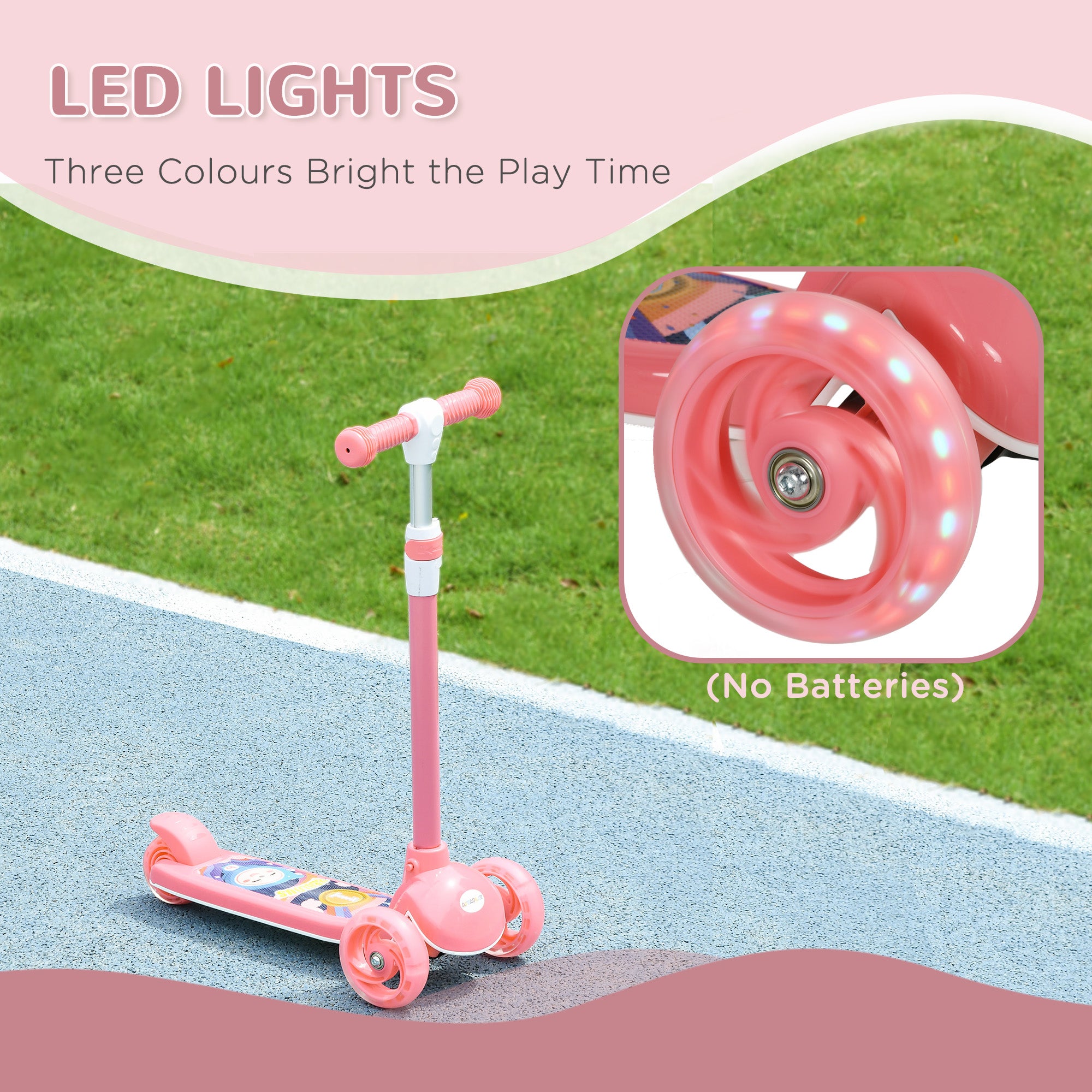 Kids 3 Wheel Scooter for 2-6 Years Old w/ Adjustable Height, LED Light, TPE Handlebar, Pink