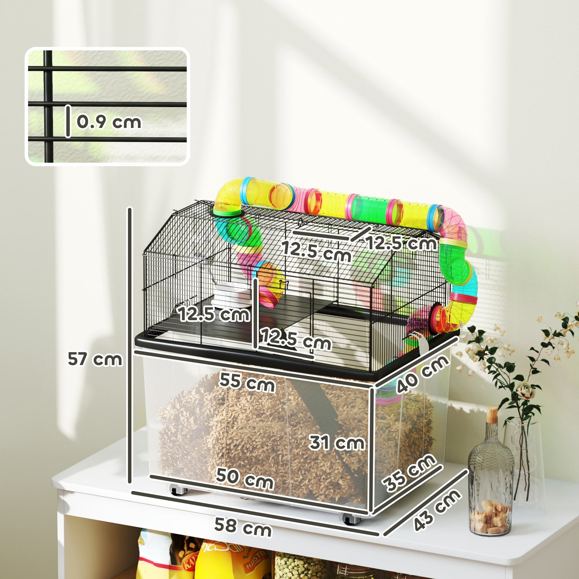 2 Tier Hamster Cage with 31cm Deep Tray, Tube System, Water Bottle, Ramp, Feeding Bowl, 58 x 43 x 57cm, Multicolour