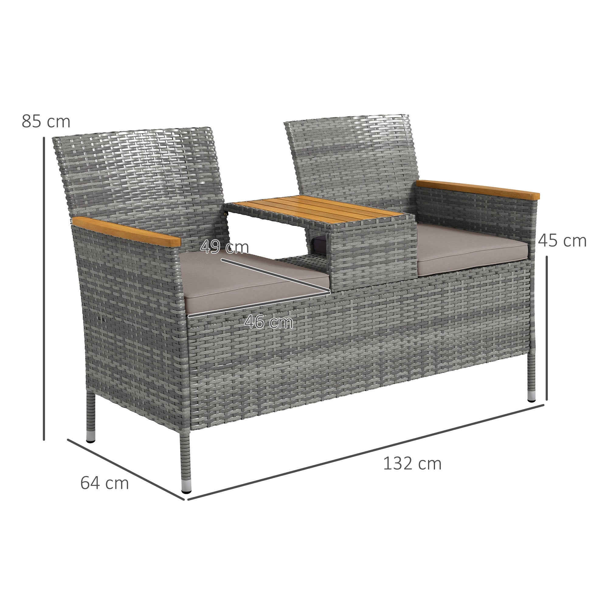 Two-Seat Rattan Loveseat, with Wood-Top Middle Table - Grey