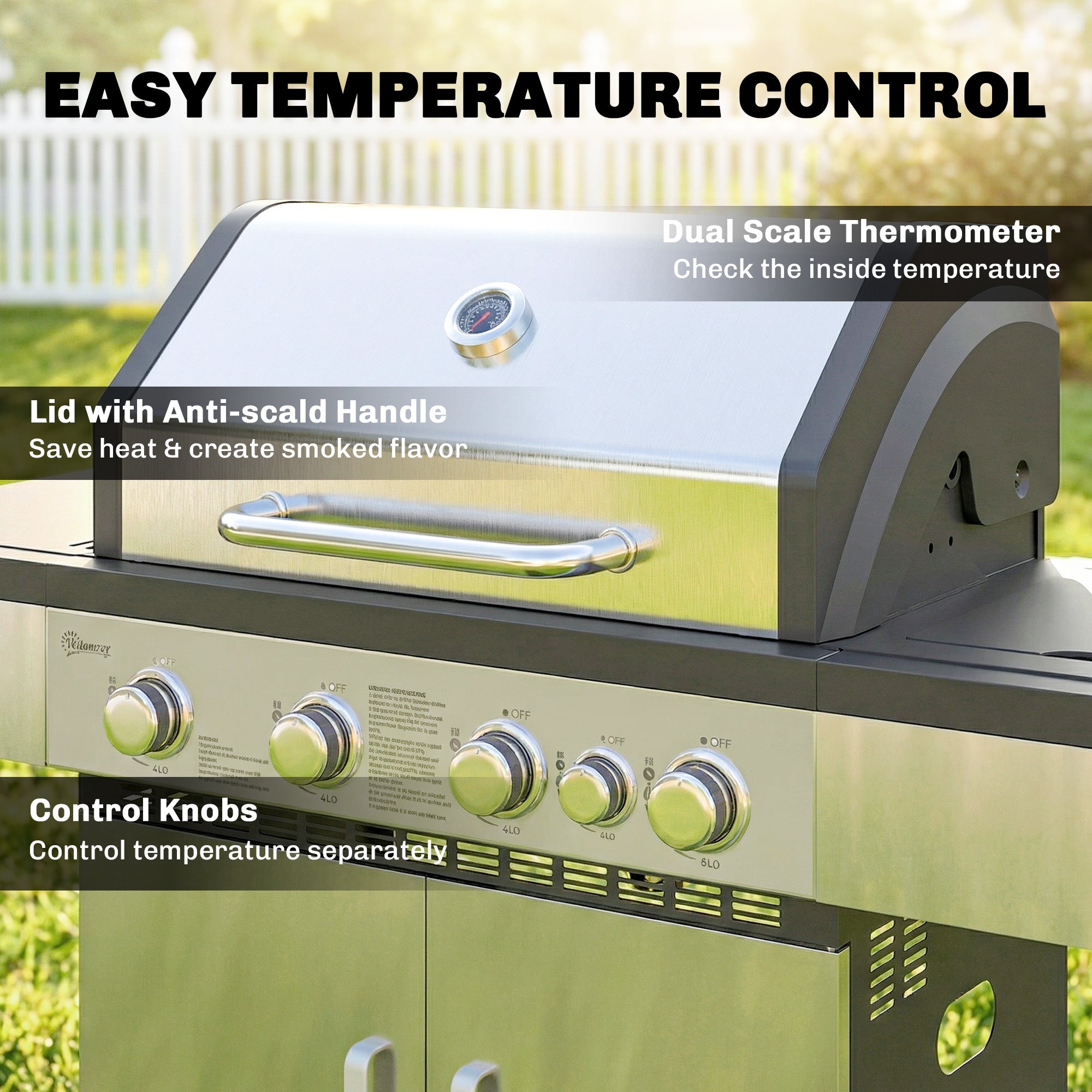 4+1 Burner Gas BBQ Grill, Portable Gas Barbecue Grill with Side Burner, Warming Rack, Side Shelf, Storage Cabinet