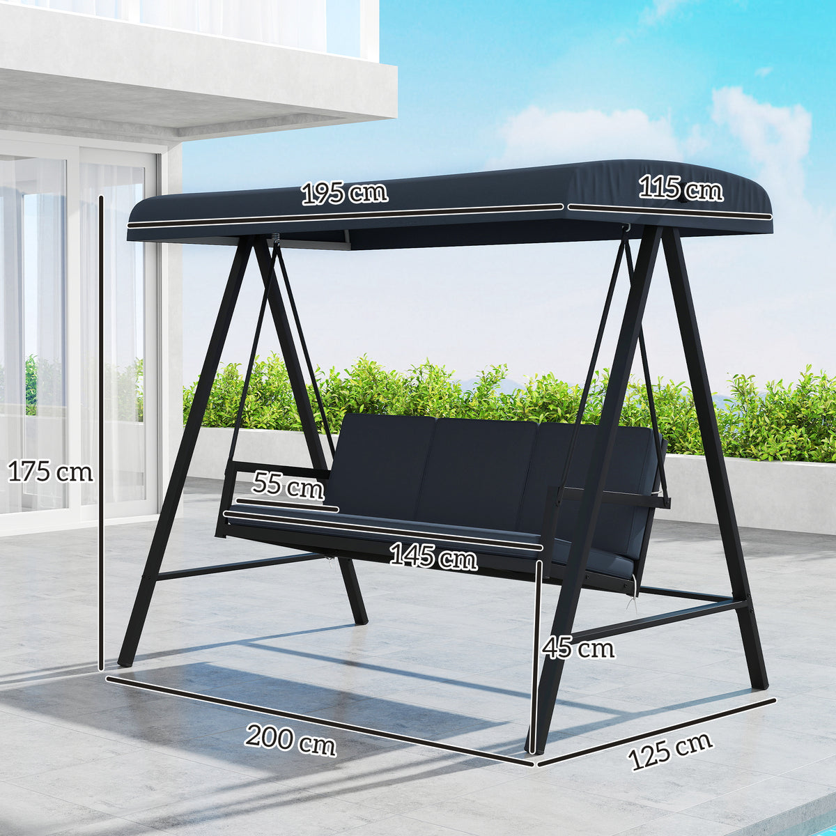 3 Seater Garden Swing Chair with Adjustable Canopy - Dark Grey