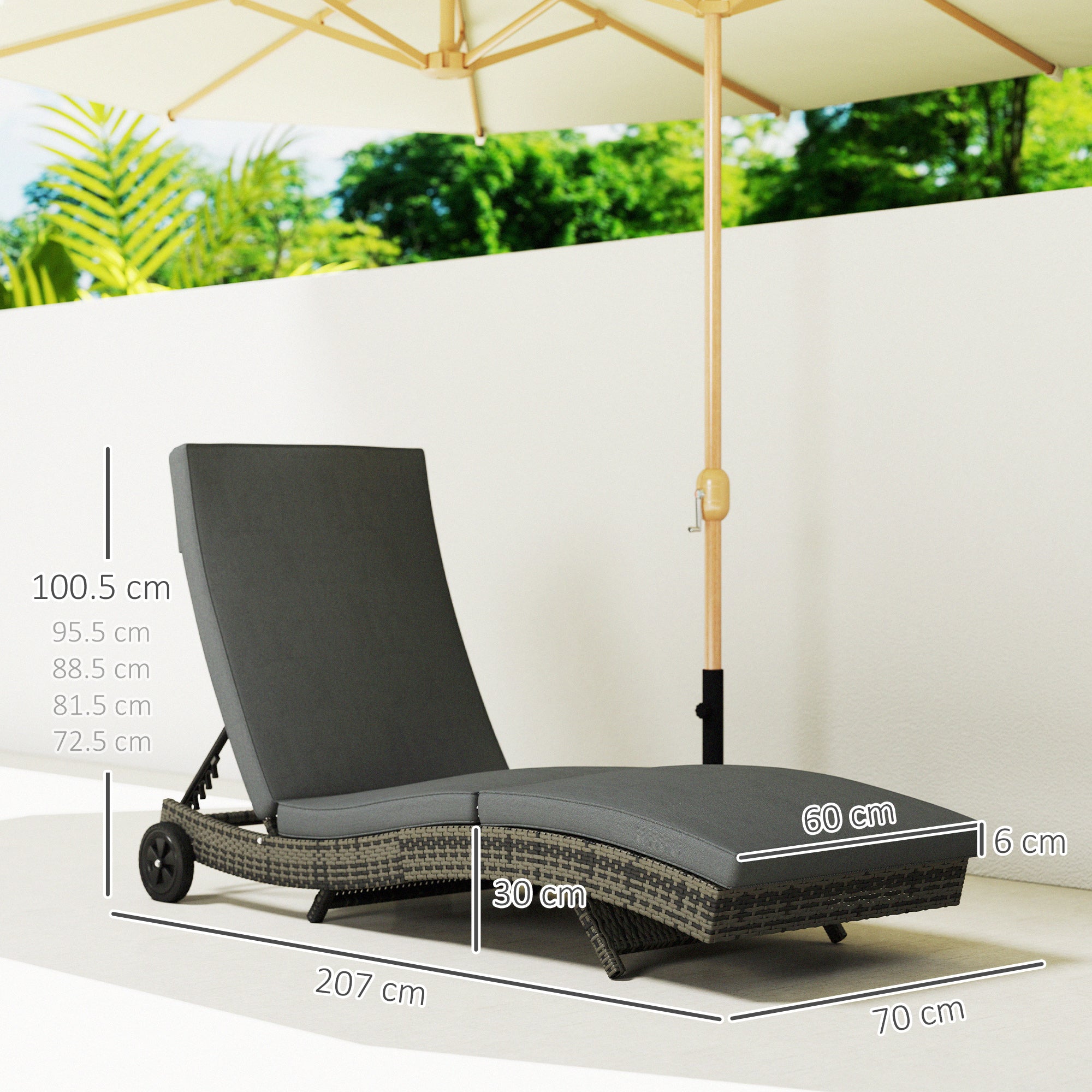 Patio Wicker Chaise Lounge Chair, Outdoor PE Rattan Sun Lounger with Adjustable Backrest and 2 Wheels, Dark Grey