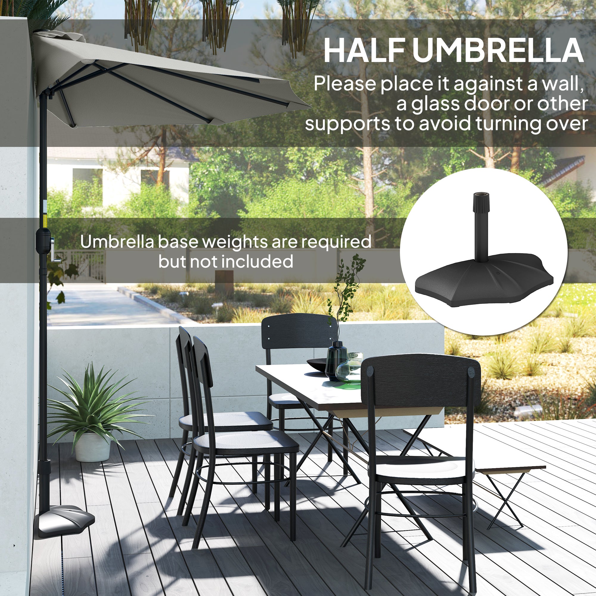 Half Round Patio Parasol Umbrella With Metal Frame - Light Grey