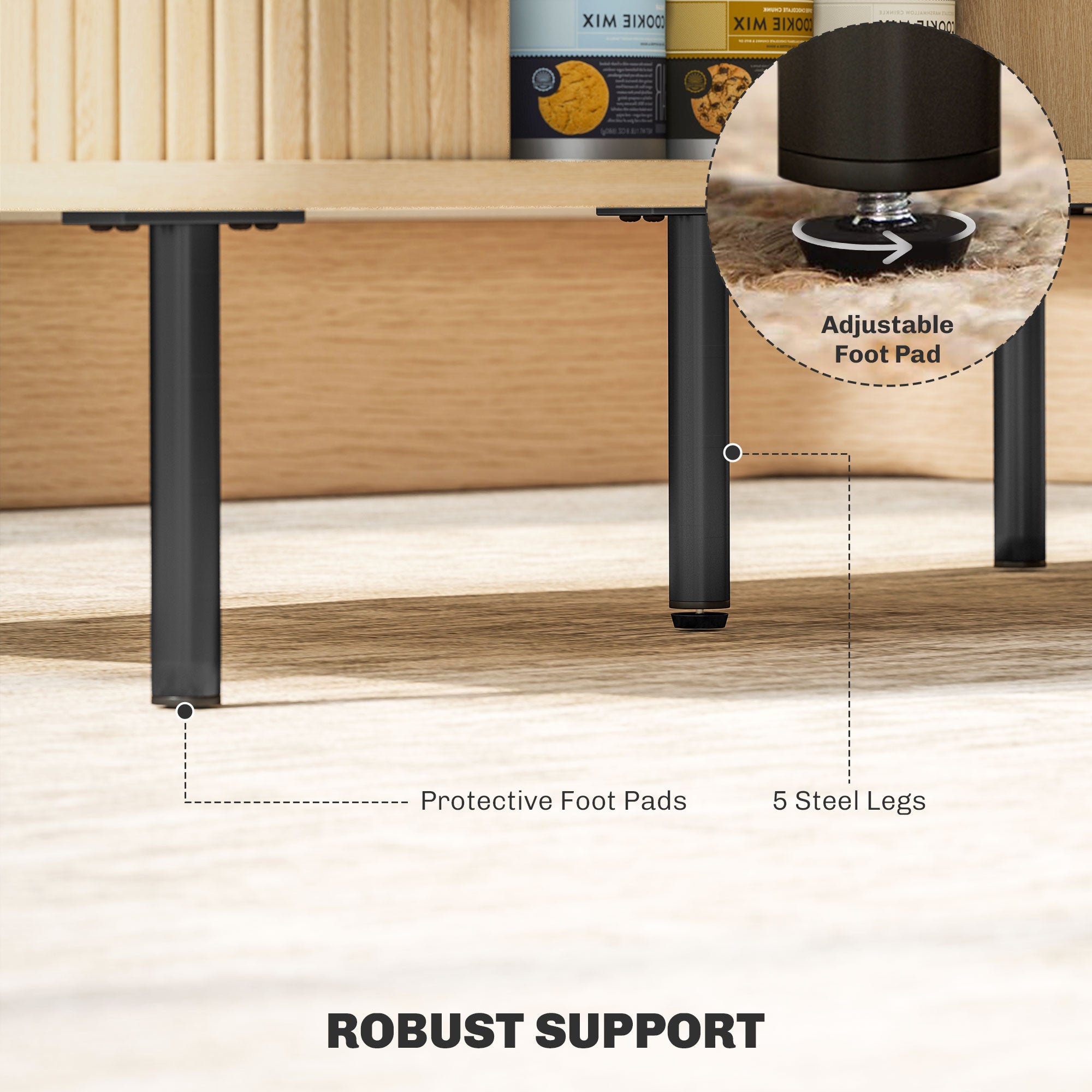 Rectangular Coffee Table with Storage and Slatted Tambour Sliding Doors, Elevated Base with Foot Pads - Oak