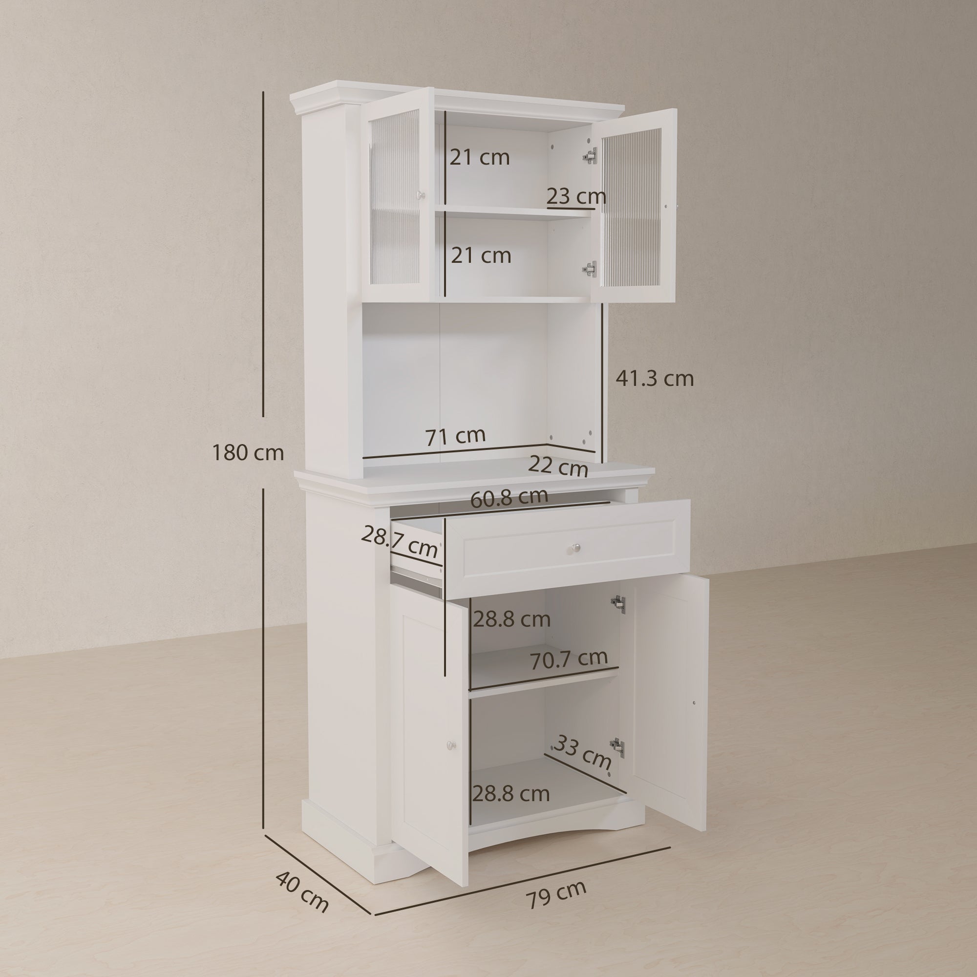 4-Door Kitchen Cupboard with Drawer, Freestanding Kitchen Cabinet with Glass Doors, Adjustable Shelves and Open Counter, White