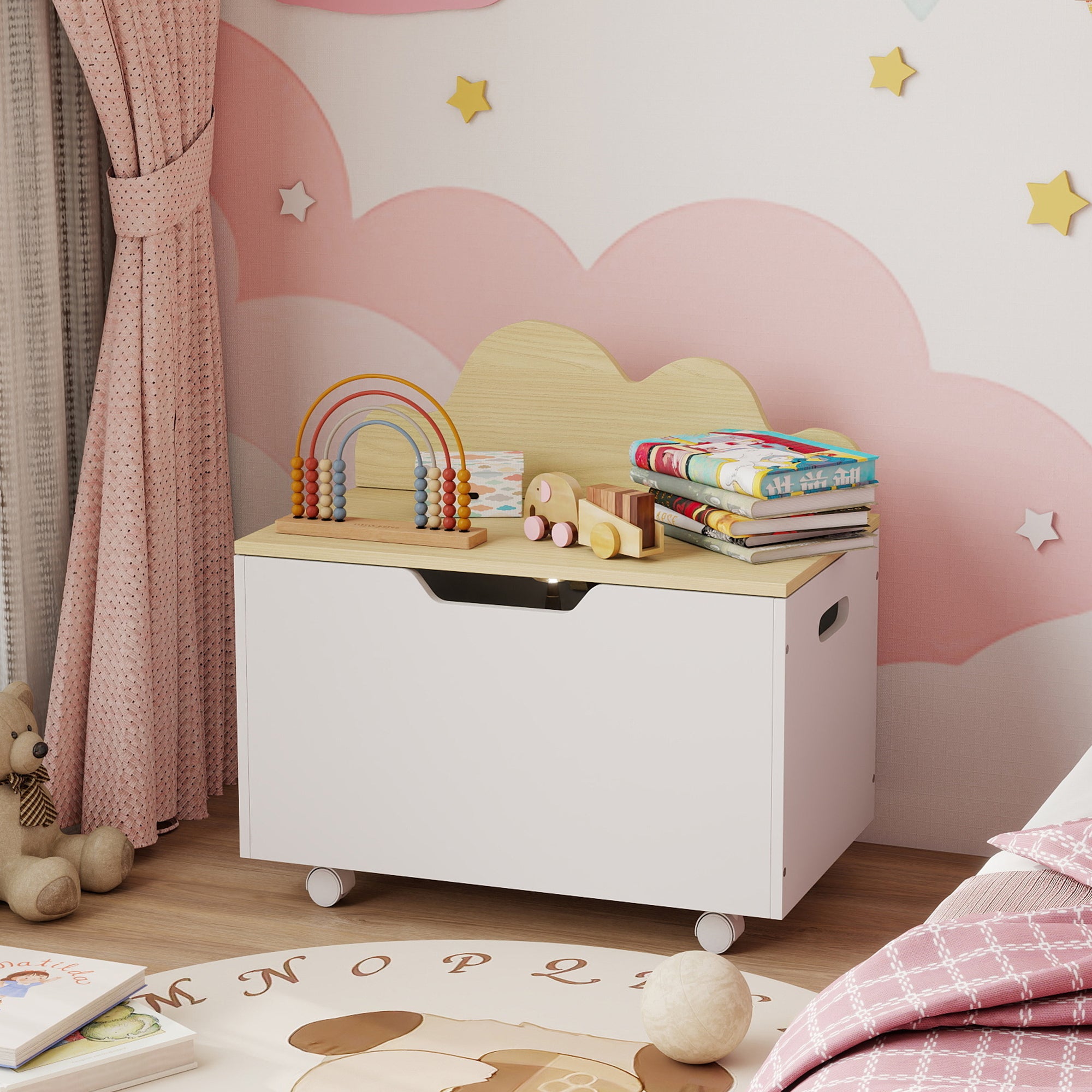 Toy Box with Lid, Toy Chest with Wheels and Safety Hinges, Toddler Storage Organiser for Playroom, Bedroom, White