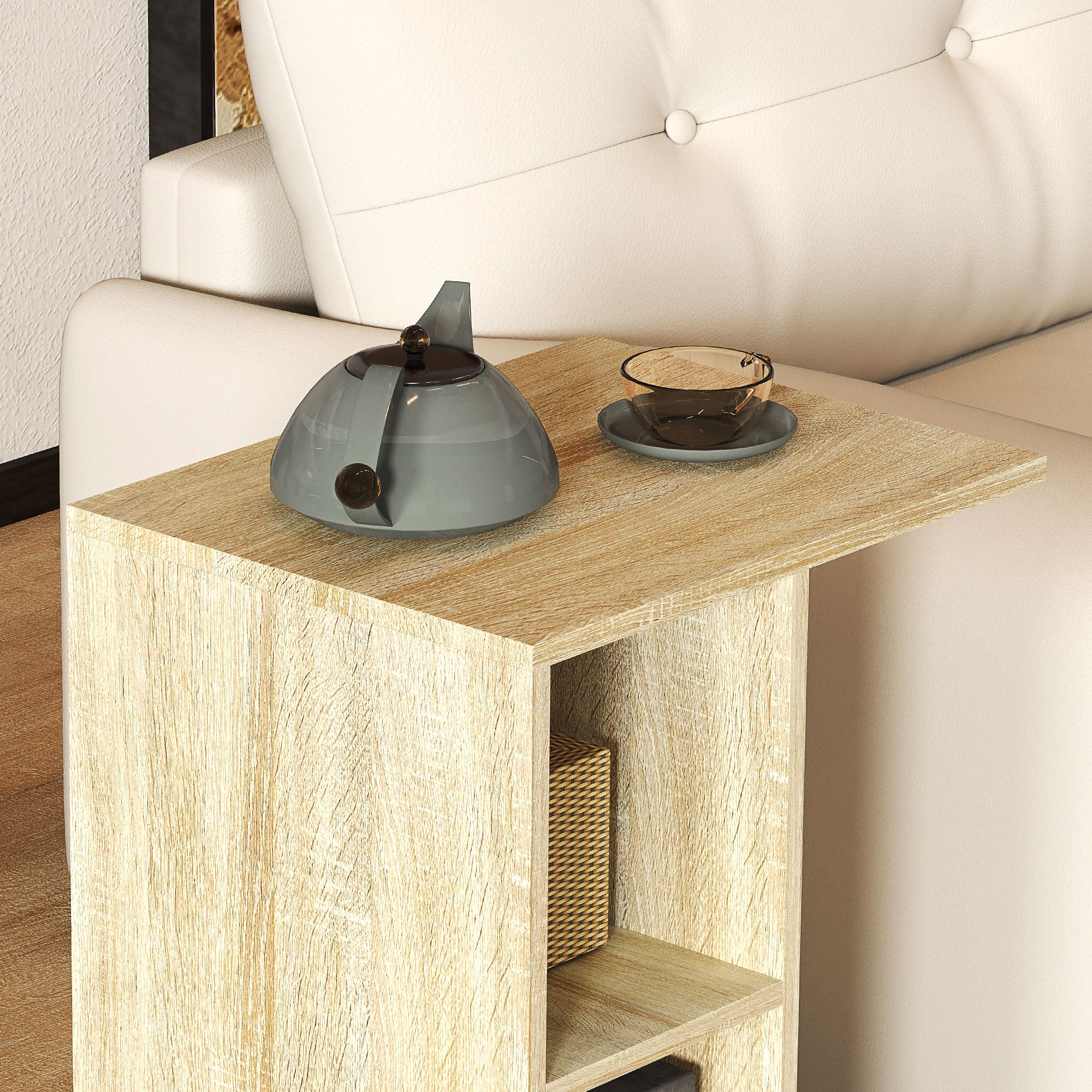 C-Shape End Table Unique Storage Unit w/ 2 Shelves 4 Wheels Freestanding Home Office Furniture Cabinet Square Studio Natural