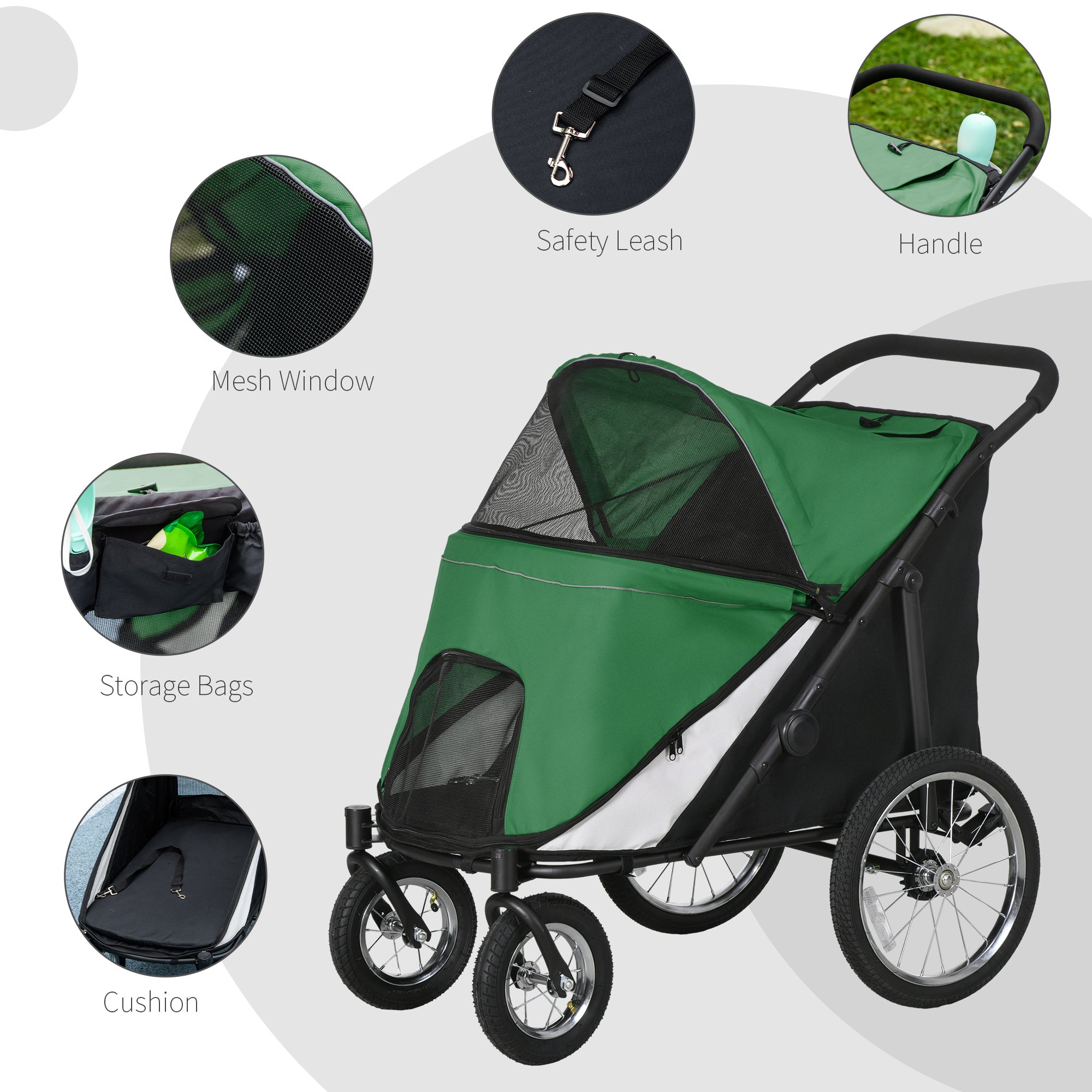 Foldable Pet Stroller, with Washable Cushion, Storage Bags, Safety Leash, for Medium, Large Dogs, Catts, Travel - Green