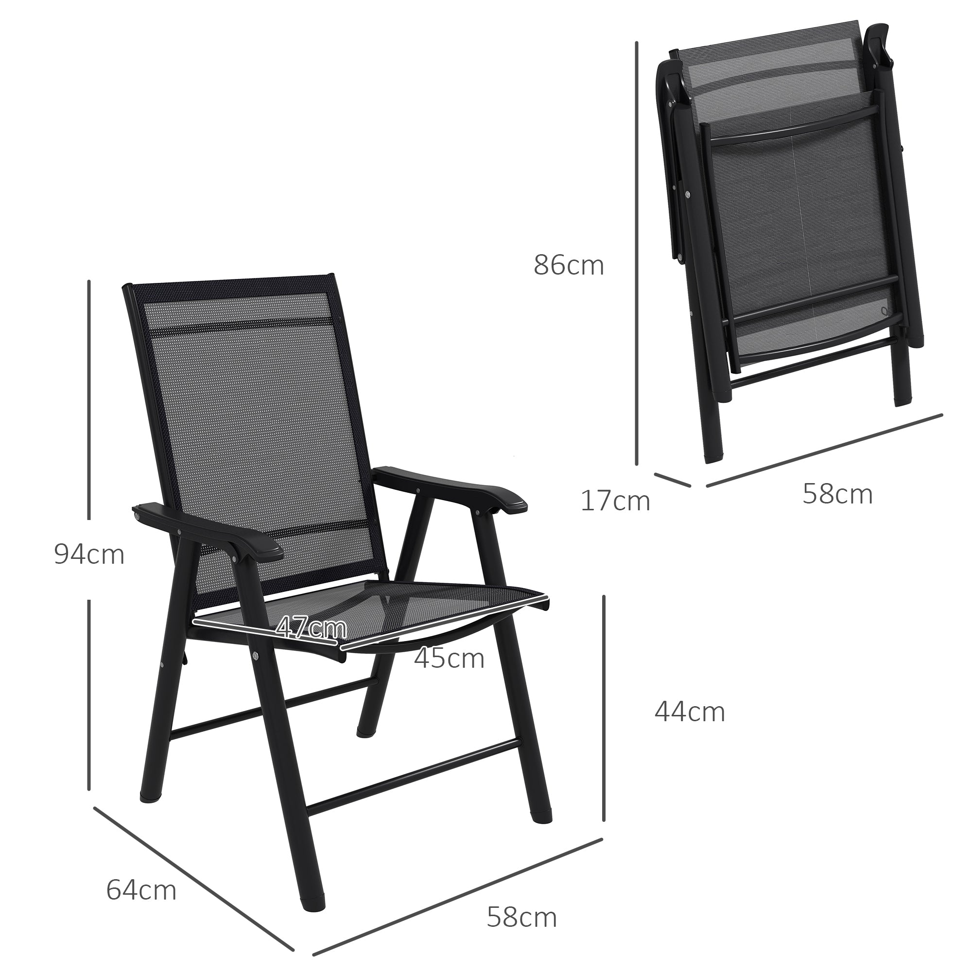 Set of 4 Folding Garden Chairs with Breathable Texteline Seats - Black