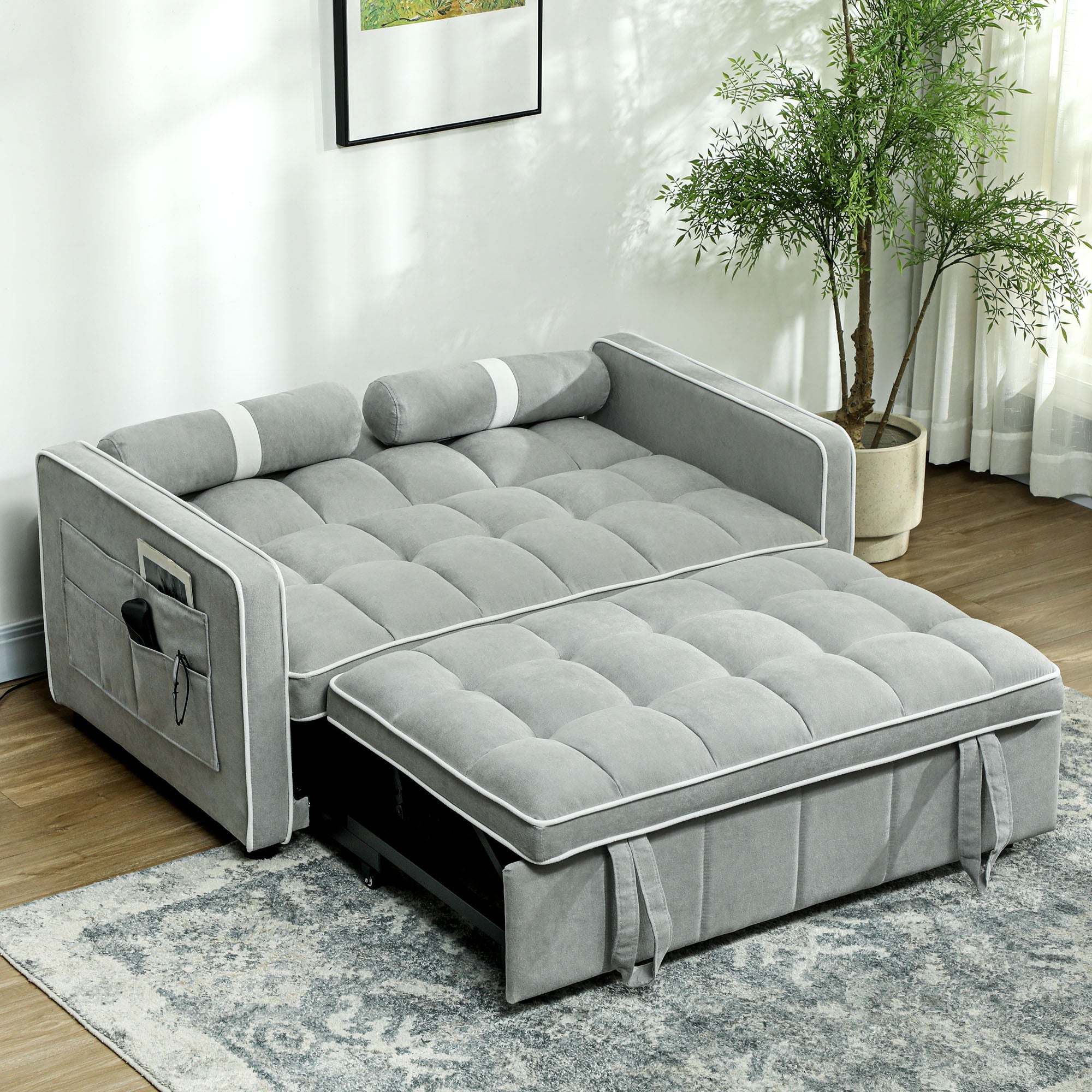 Two-Seater Linen-Look Sofa Bed with Recliner and Storage Pockets - Light Grey