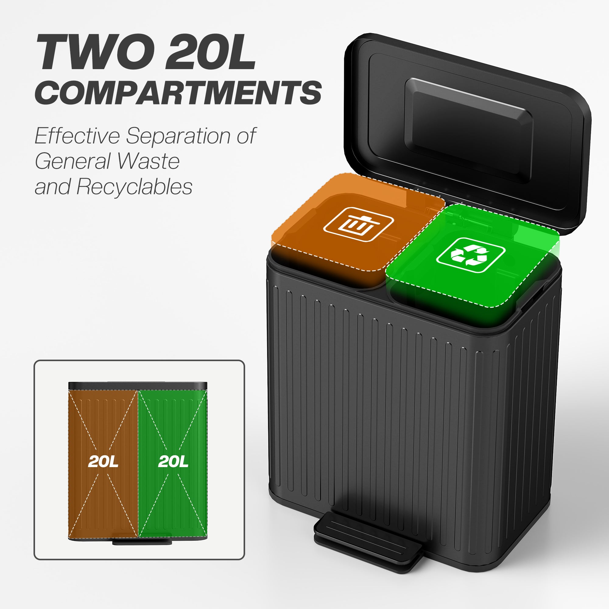 40L Dual Compartment Rubbish Bin, with Soft-Close Lid - Black