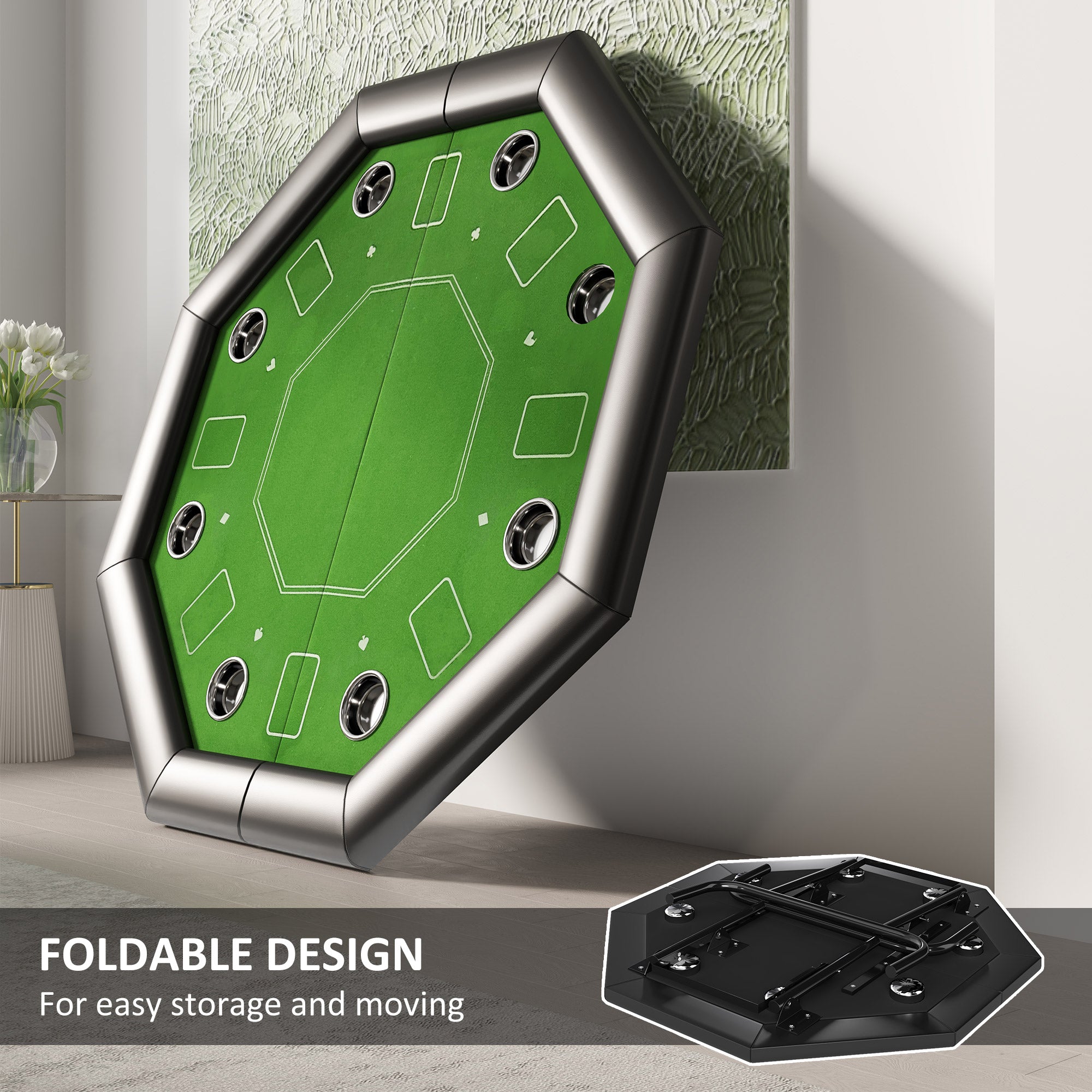 8 Player Folding Octagon Poker Table with Cup Holders and Padded Edge - Green