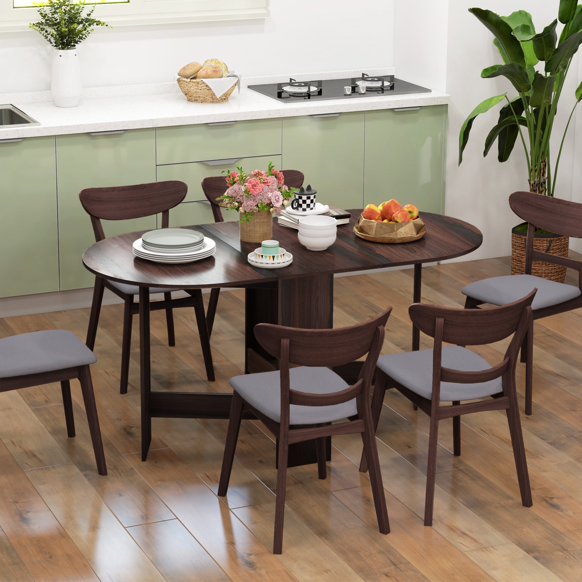Folding Drop Leaf Oval Dining Table for Small Spaces - Chocolate Wood Effect