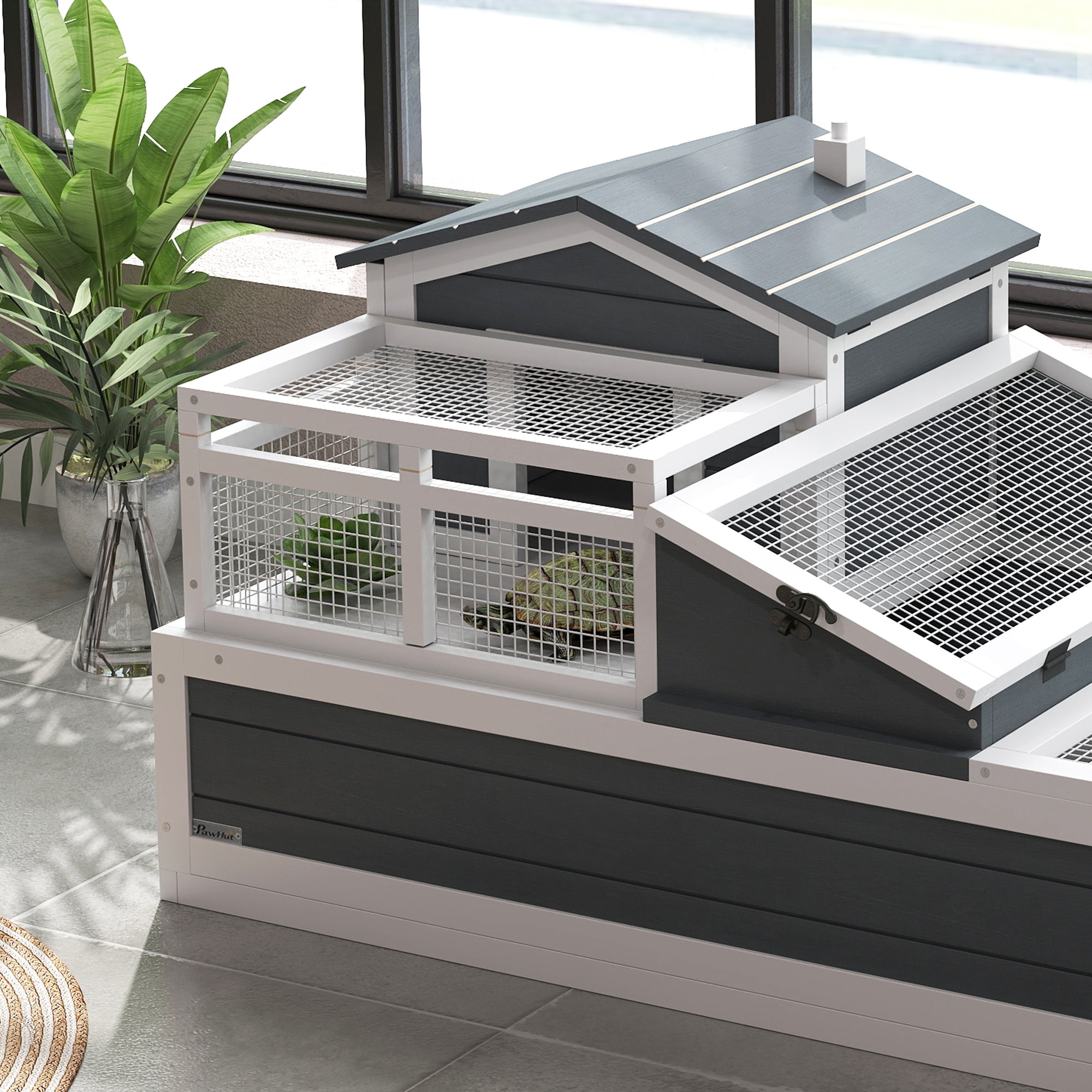 Tortoise House 3-Room with 2 Stories, Ladder, Balcony, Tray, Openable Roof, 59H x 112L x 65Wcm, Grey