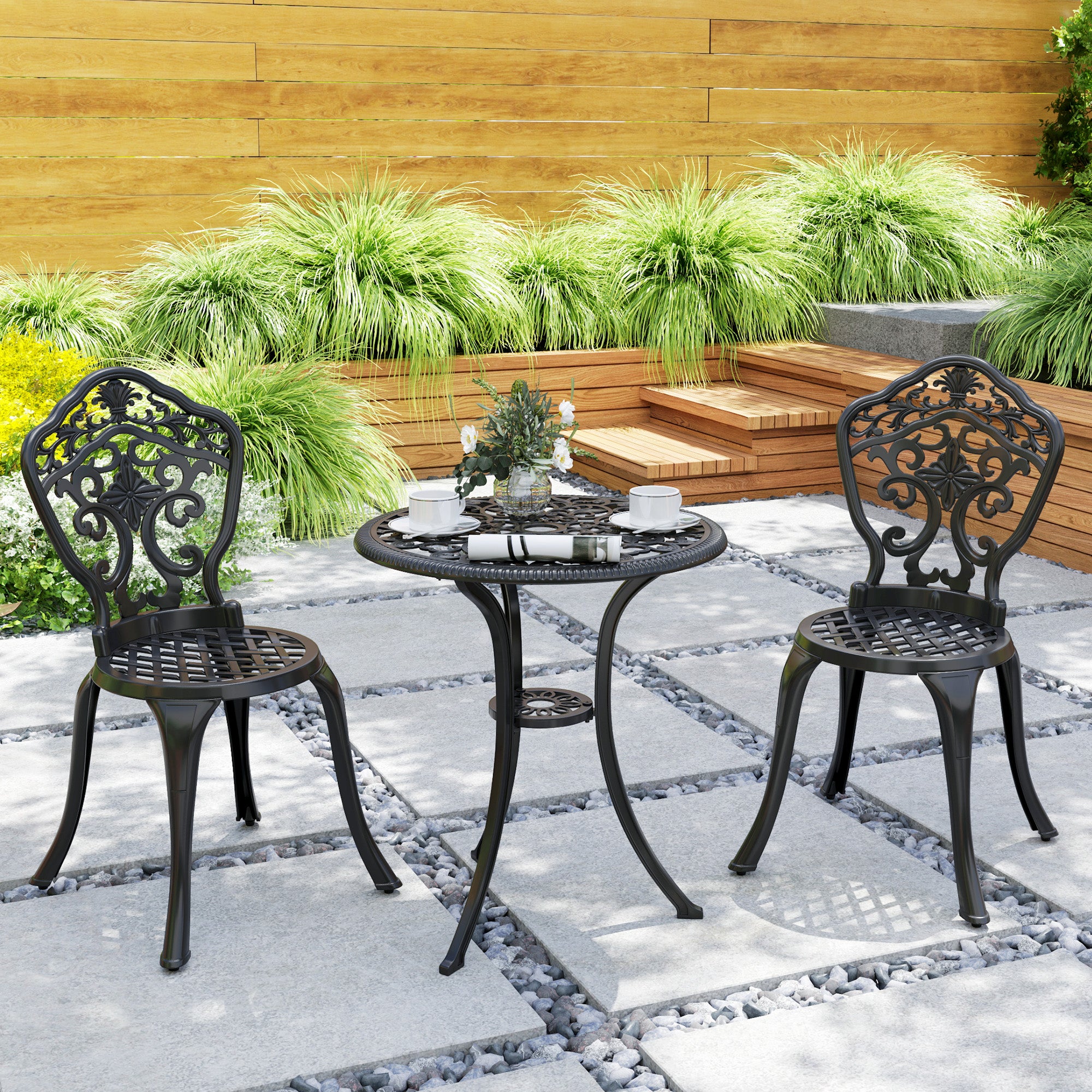 Three-Piece Aluminium Floral Bistro Set - Black