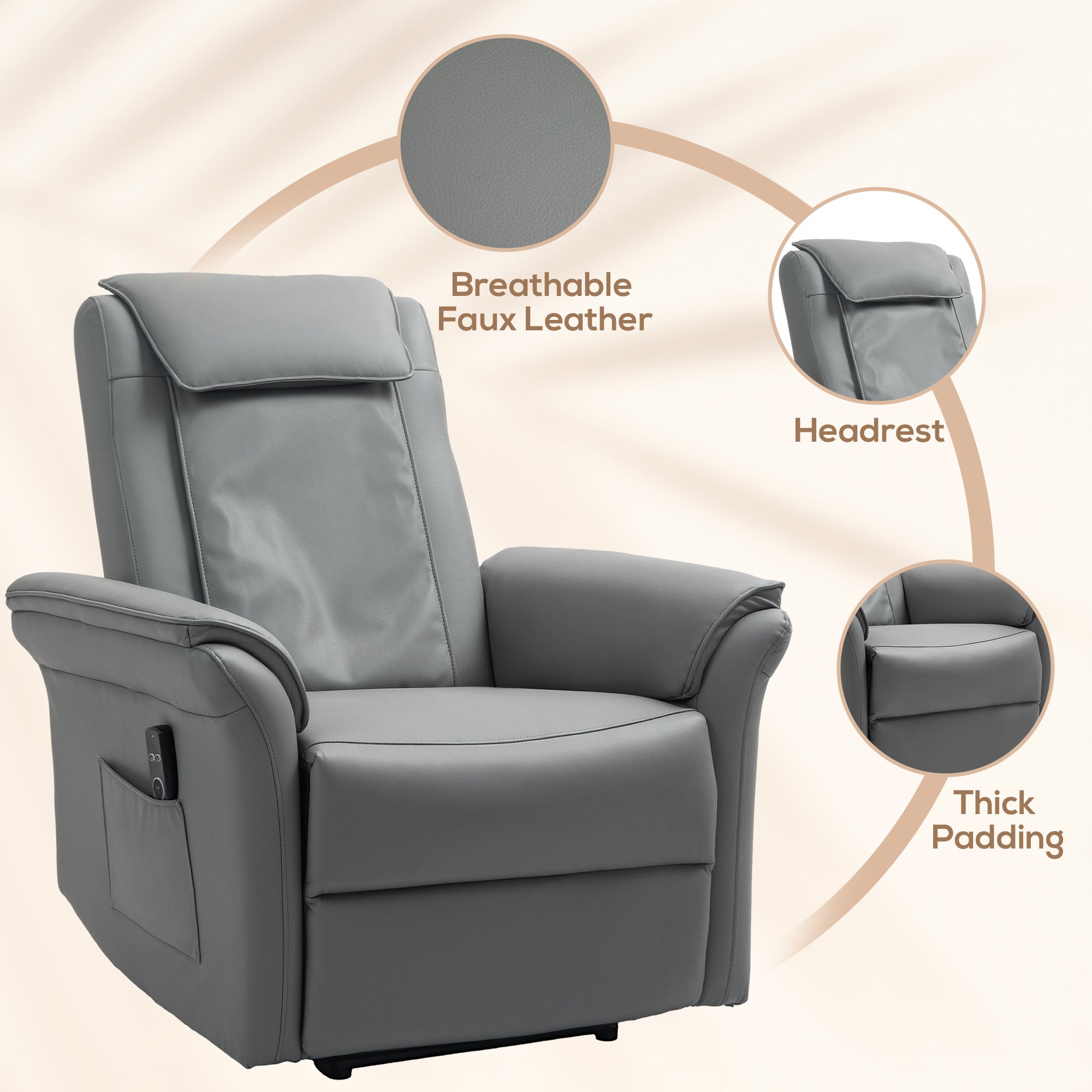 3D Kneading Massage Recliner Chair with Headrest, Breathable Leather Recliner Armchair, Electric Reclining Chair with Footrest, Remote with USB Port, Side Pockets for Home, Grey