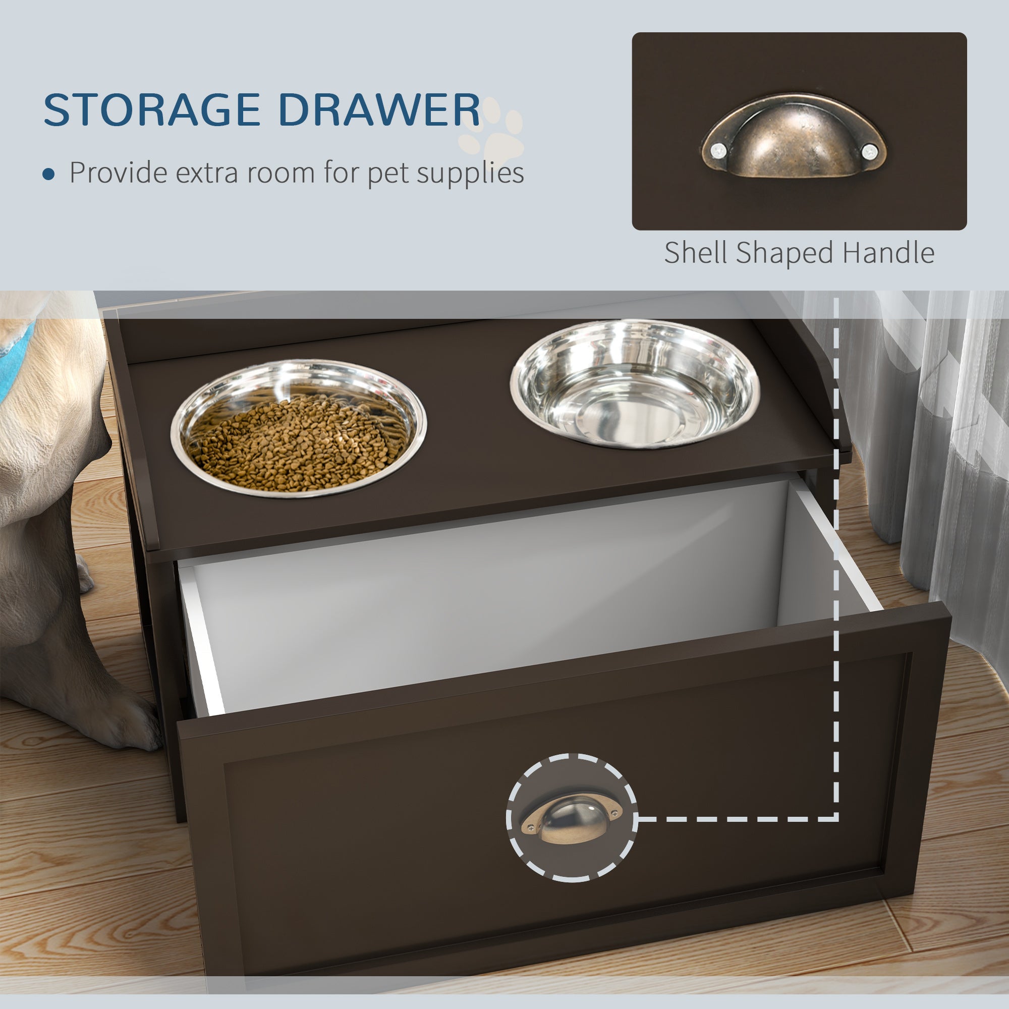 Stainless Steel Raised Dog Bowls, with 21L Storage Drawer for Large Dogs - Brown