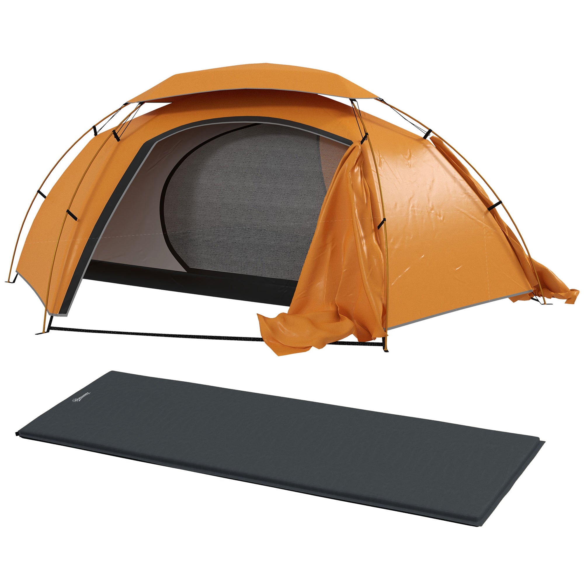 Camping Tent with Self Inflatable Mattress, 1 Person Dome Tent with Removable Rainfly and Aluminium Frame, 2000mm Waterproof, Portable with Bags, for Fishing Hiking, Orange/Grey