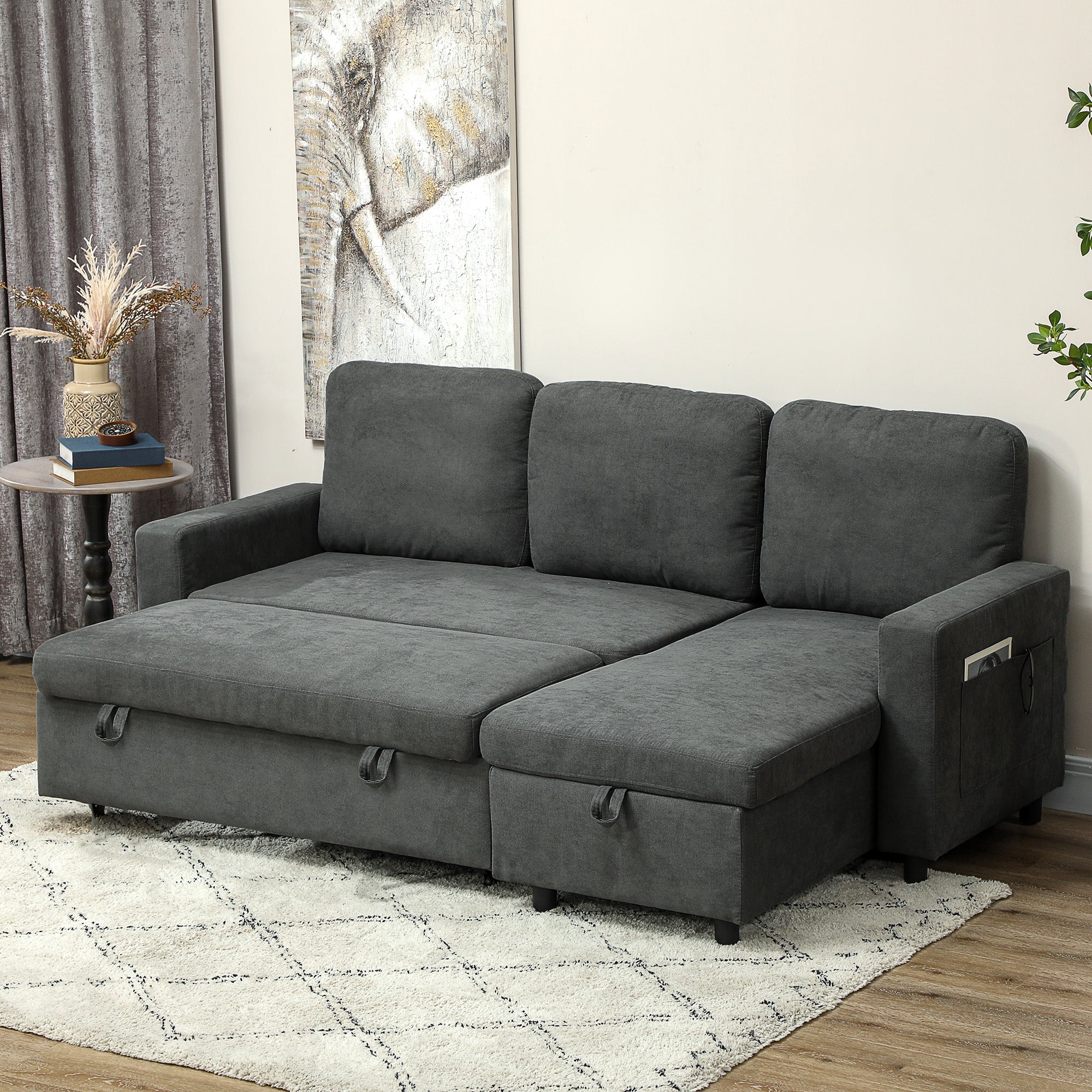 Sofa Bed with Storage, Convertible L Shaped Corner Sofa, 3 Seater Pull Out Sofa Bed with Reversible Chaise, Side Pockets for Living Room, Bedroom, Small Spaces, Charcoal Grey